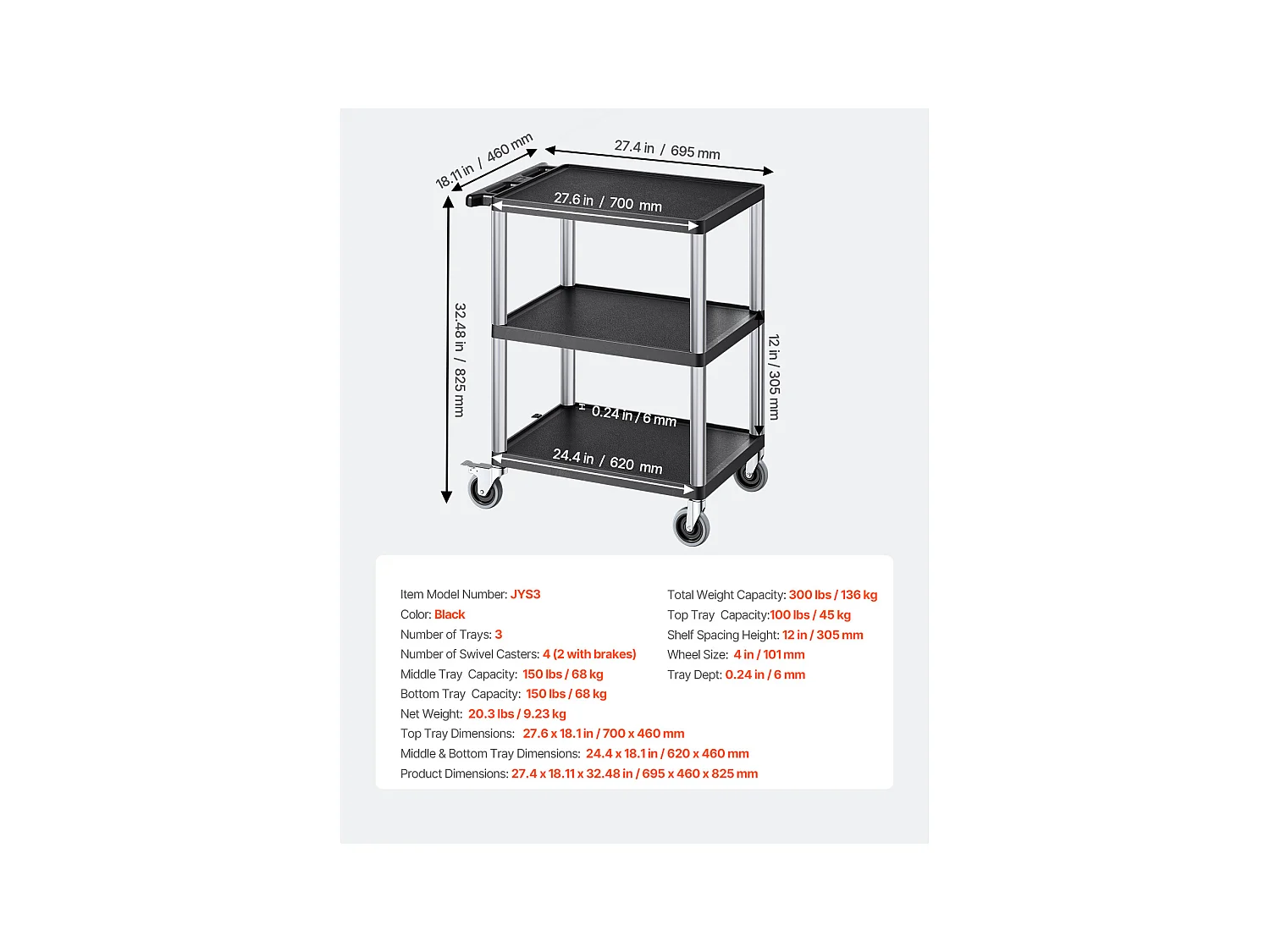 Chariot de Service SucceBuy Desserte à Roulettes Utilitaire en Plastique Robuste à 3 Niveaux avec Roues Pivotantes 360° (2 avec Freins), 695x460x825 mm