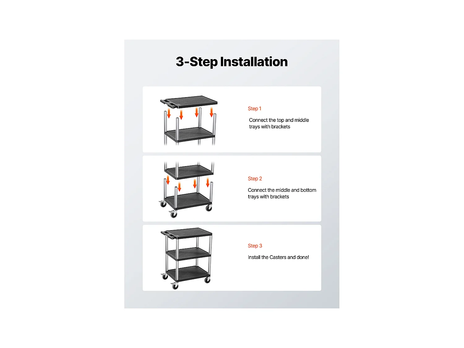 Chariot de Service SucceBuy Desserte à Roulettes Utilitaire en Plastique Robuste à 3 Niveaux avec Roues Pivotantes 360° (2 avec Freins), 695x460x825 mm
