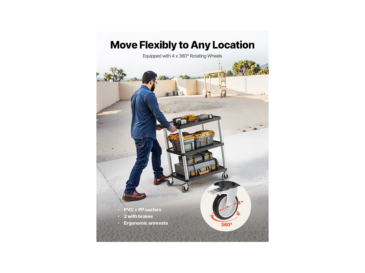 Chariot de Service SucceBuy Desserte à Roulettes Utilitaire en Plastique Robuste à 3 Niveaux avec Roues Pivotantes 360° (2 avec Freins), 695x460x825 mm