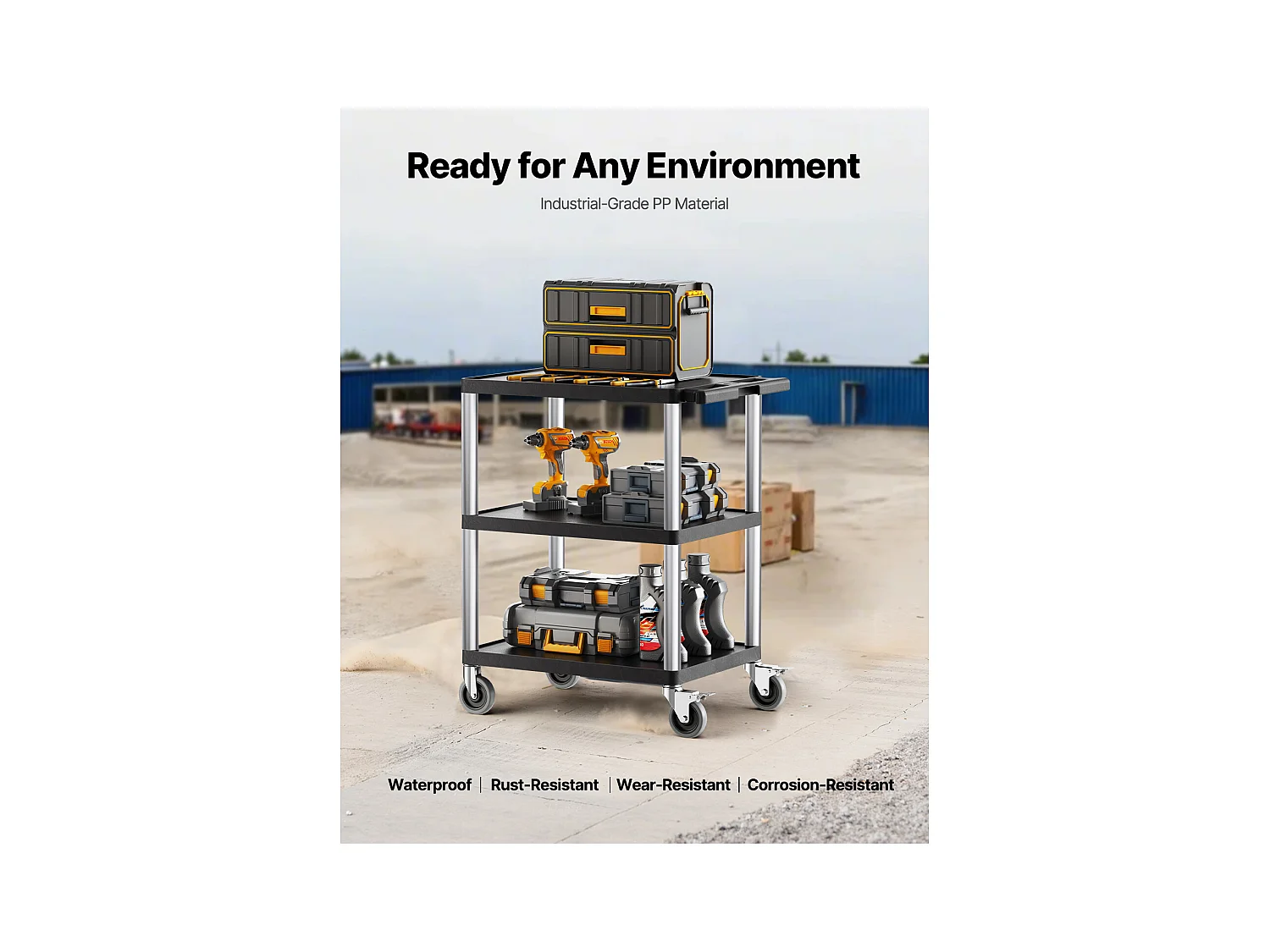 Chariot de Service SucceBuy Desserte à Roulettes Utilitaire en Plastique Robuste à 3 Niveaux avec Roues Pivotantes 360° (2 avec Freins), 695x460x825 mm