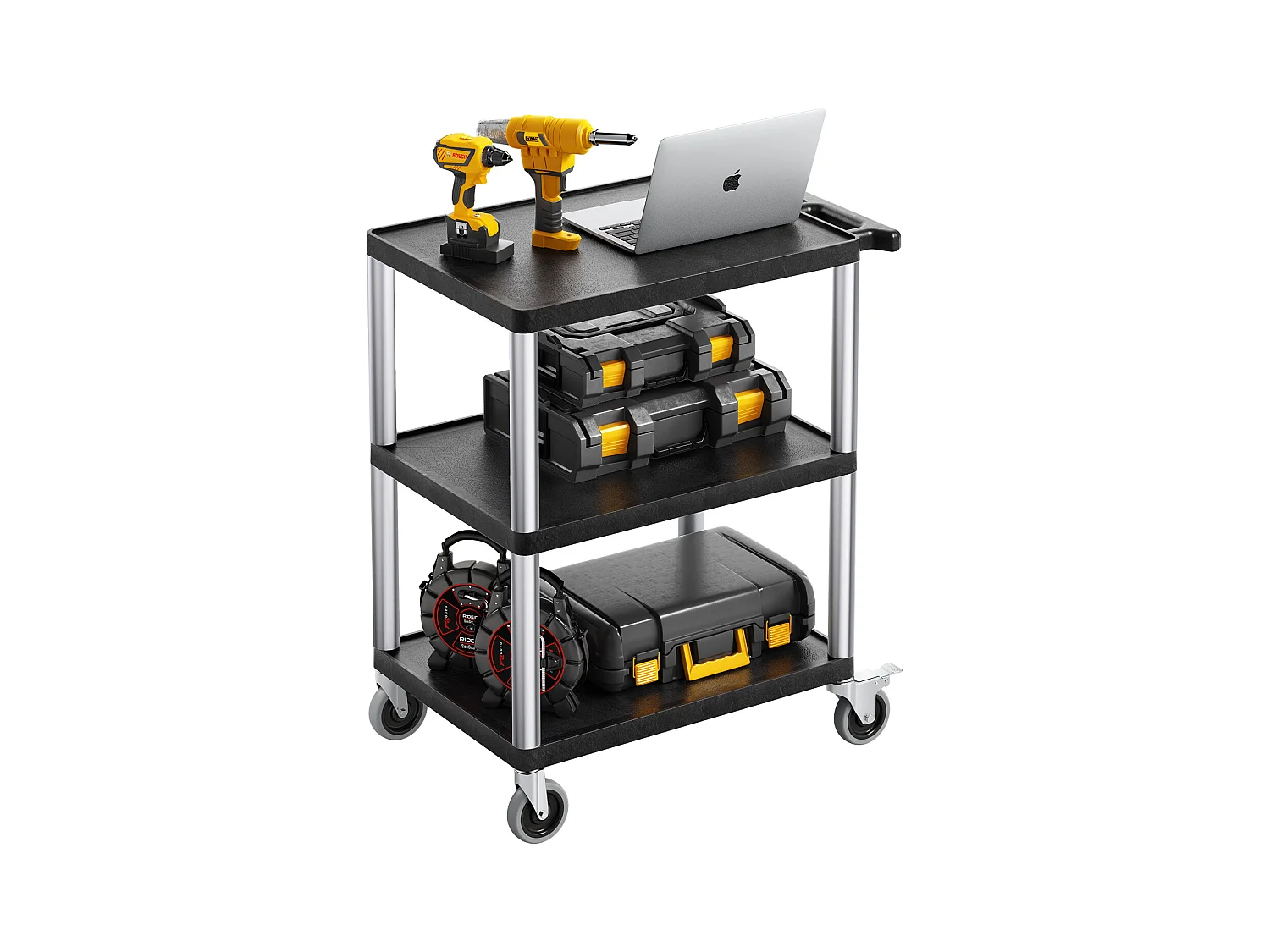 Chariot de Service SucceBuy Desserte à Roulettes Utilitaire en Plastique Robuste à 3 Niveaux avec Roues Pivotantes 360° (2 avec Freins), 695x460x825 mm