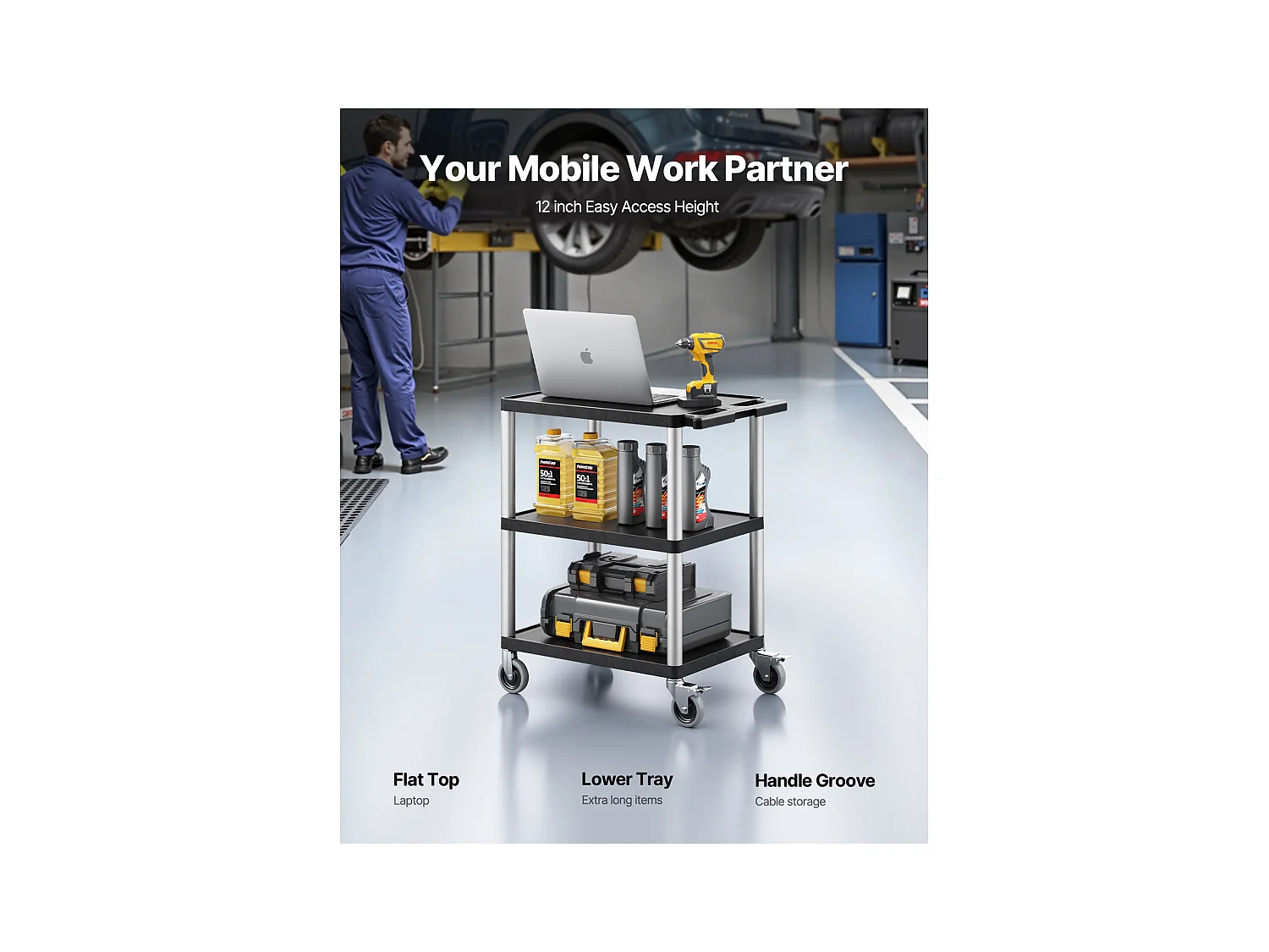 Servierwagen SucceBuy Robuster Kunststoff-Servierwagen mit 3 Ebenen und 360°-Schwenkrollen, Geeignet für Lager, Büro, Haushalt, Reinigung, 695 x 460 x 825 mm