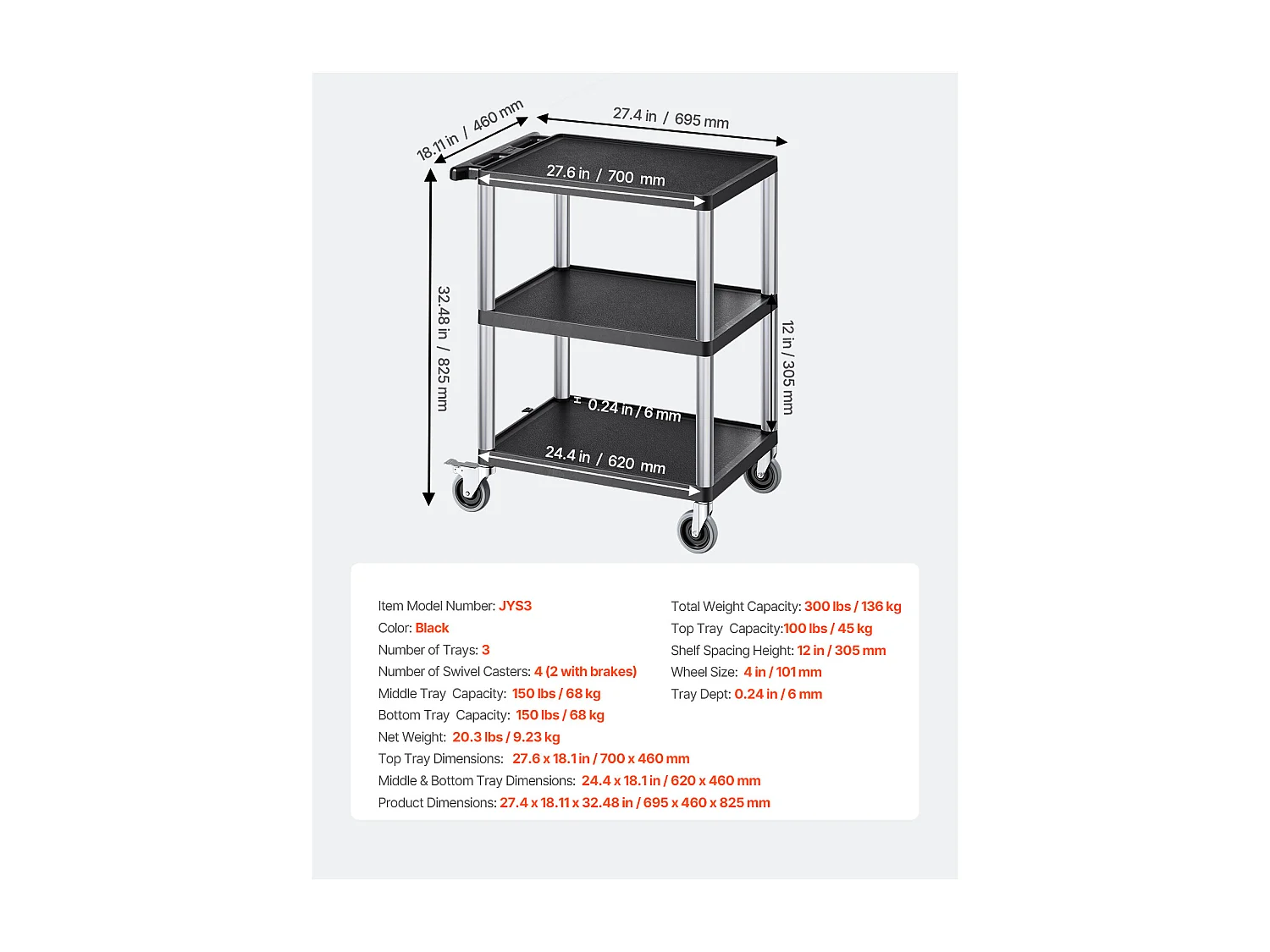 Chariot de Service SucceBuy Desserte à Roulettes Utilitaire en Plastique Robuste à 3 Niveaux avec Roues Pivotantes 360° (2 avec Freins), 695x460x825 mm