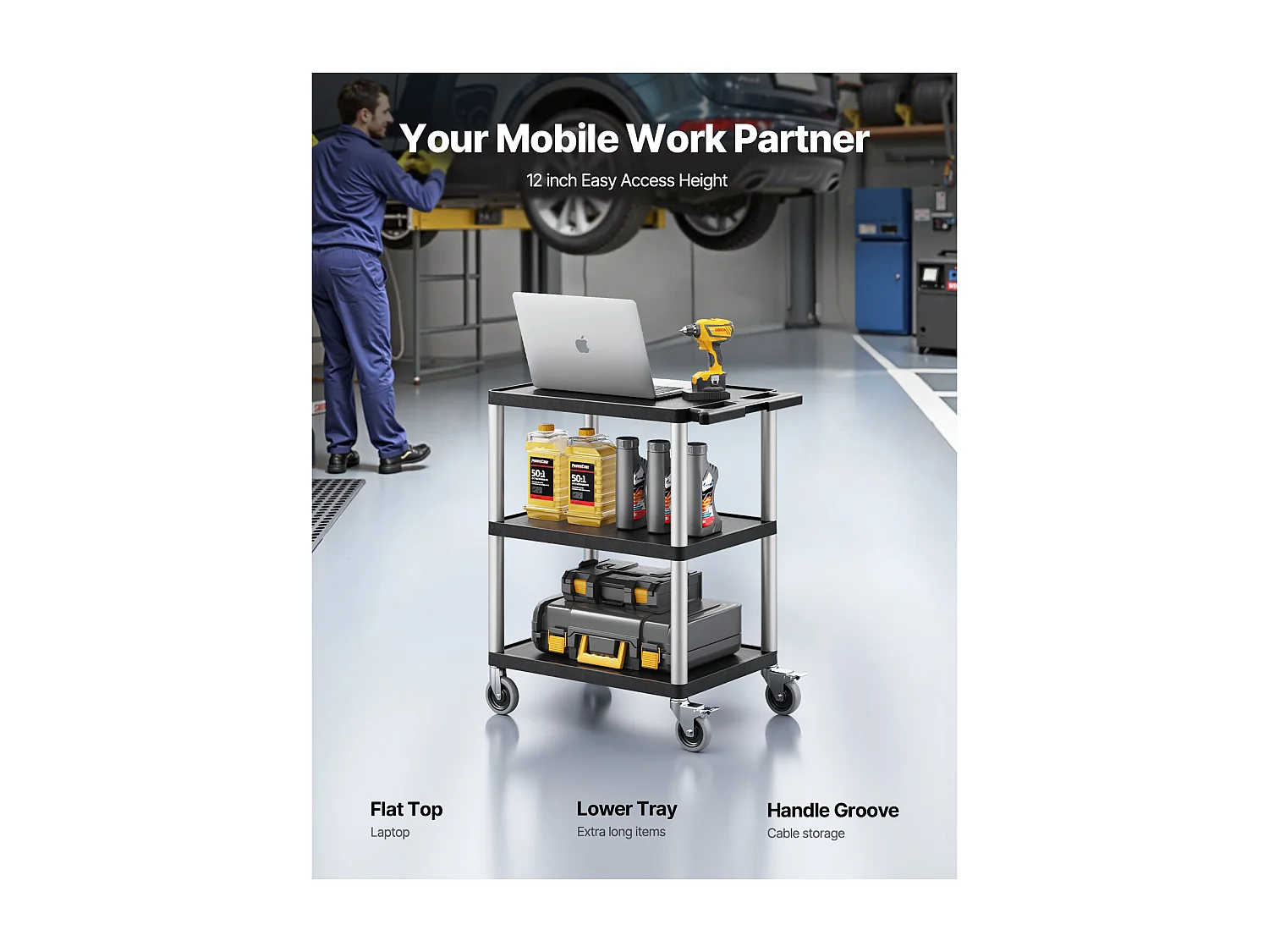 Chariot de Service SucceBuy Desserte à Roulettes Utilitaire en Plastique Robuste à 3 Niveaux avec Roues Pivotantes 360° (2 avec Freins), 695x460x825 mm