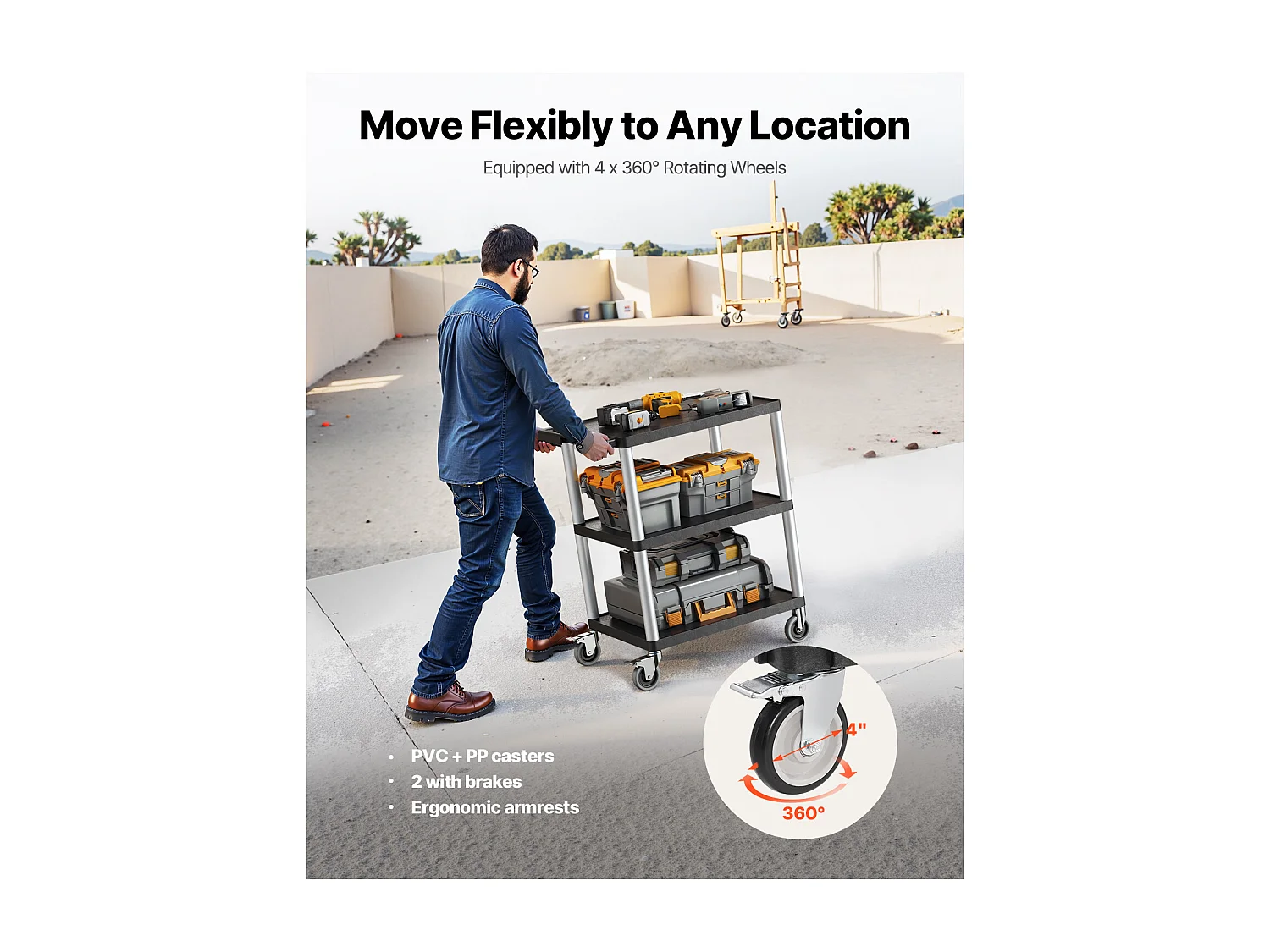 Chariot de Service SucceBuy Desserte à Roulettes Utilitaire en Plastique Robuste à 3 Niveaux avec Roues Pivotantes 360° (2 avec Freins), 695x460x825 mm