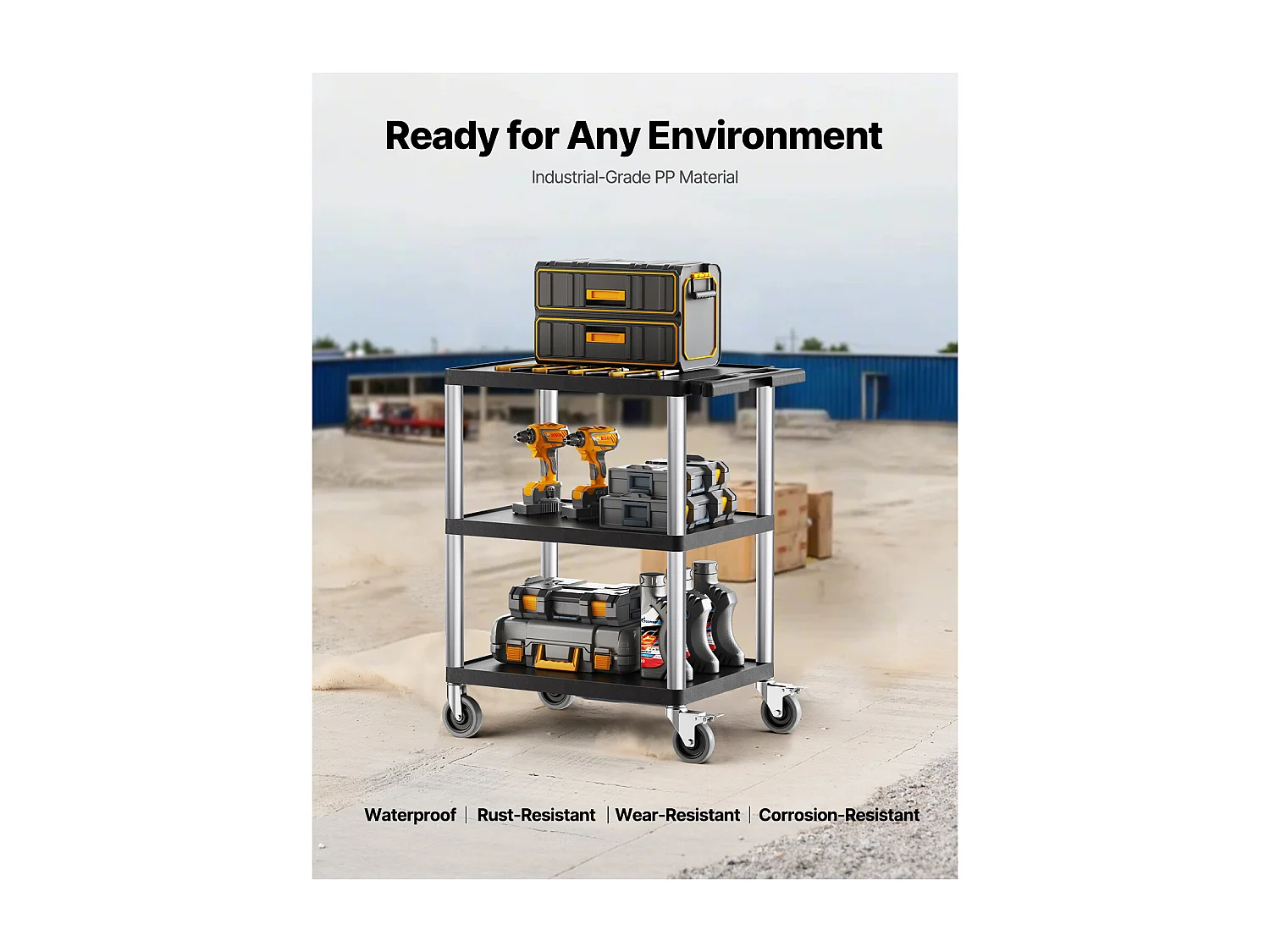 Chariot de Service SucceBuy Desserte à Roulettes Utilitaire en Plastique Robuste à 3 Niveaux avec Roues Pivotantes 360° (2 avec Freins), 695x460x825 mm