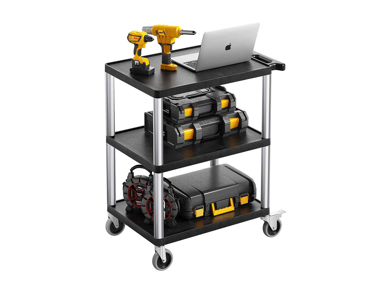 Chariot de Service SucceBuy Desserte à Roulettes Utilitaire en Plastique Robuste à 3 Niveaux avec Roues Pivotantes 360° (2 avec Freins), 695x460x825 mm