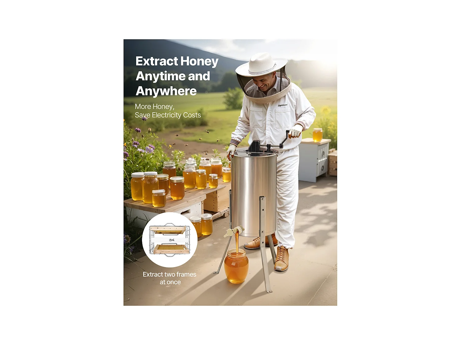 Extracteur de Miel Manuel à 2 Cadres SucceBuy Centrifugeuse Séparateur de Miel en Acier Inoxydable avec Couvercle Transparent, Support Réglable en Hauteur
