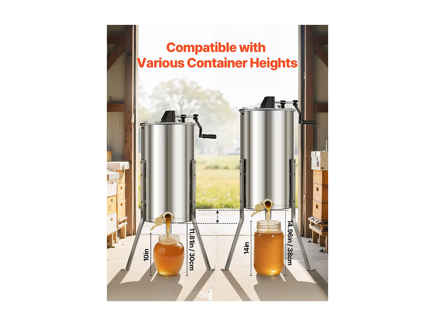 Extracteur de Miel Manuel à 2 Cadres SucceBuy Centrifugeuse Séparateur de Miel en Acier Inoxydable avec Couvercle Transparent, Support Réglable en Hauteur