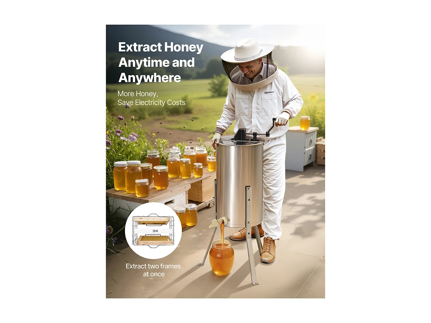 Extracteur de Miel Manuel à 2 Cadres SucceBuy Centrifugeuse Séparateur de Miel en Acier Inoxydable avec Couvercle Transparent, Support Réglable en Hauteur