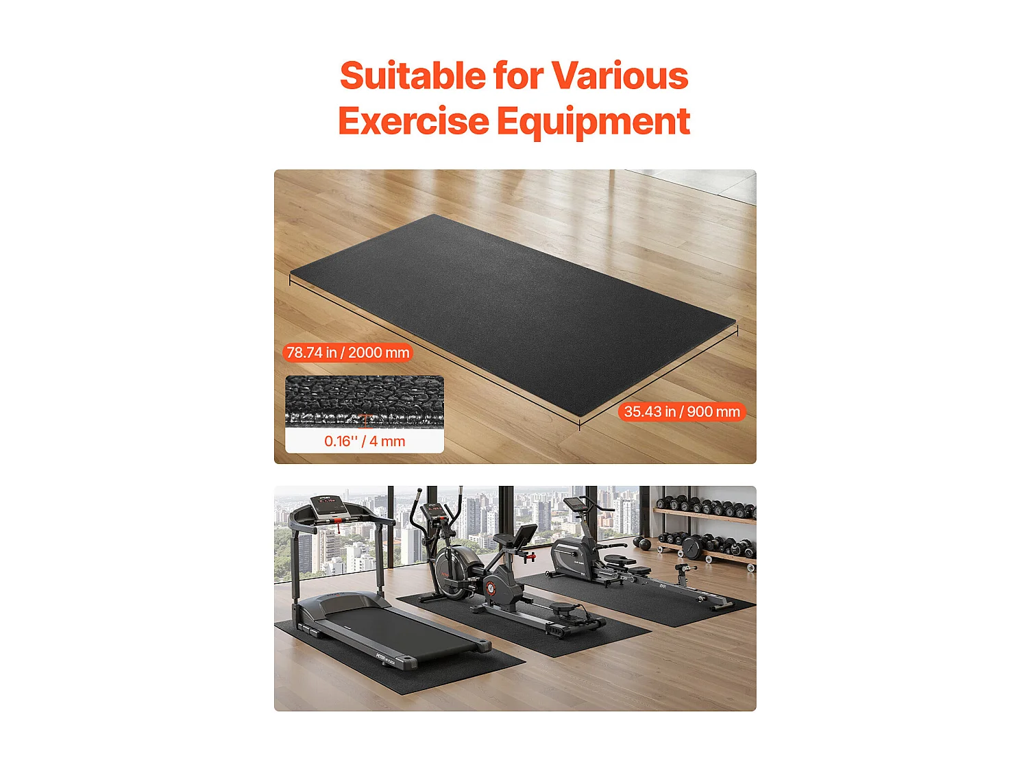 Tapis d'Équipement d'Exercice SucceBuy, 90 x 200 x 0,4 cm, Tapis de Protection de Sol pour Vélos Elliptiques et Tapis de Marche Compacts, en PVC Haute Densité