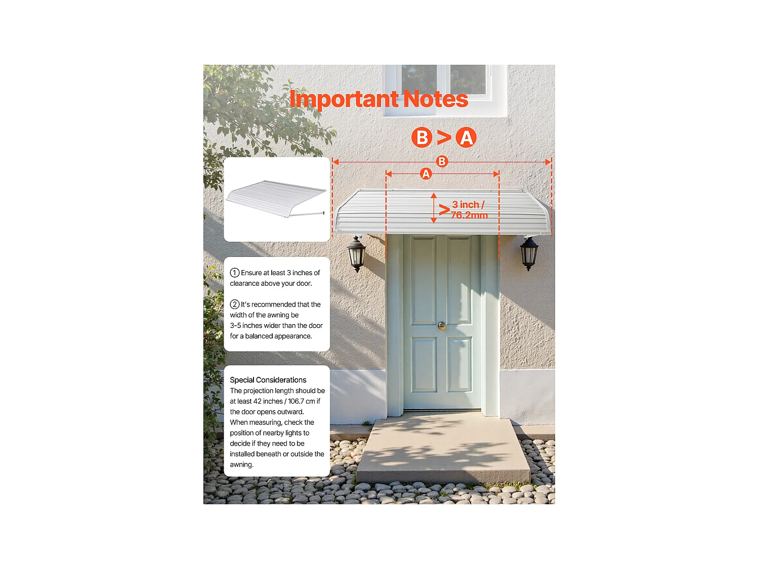 Auvent de Porte d'Entrée SucceBuy, 152,4x106,6 cm, Marquise de Porte Extérieure Aluminium Abri de Protection Contre Pluie, Neige, Soleil, pour Balcons