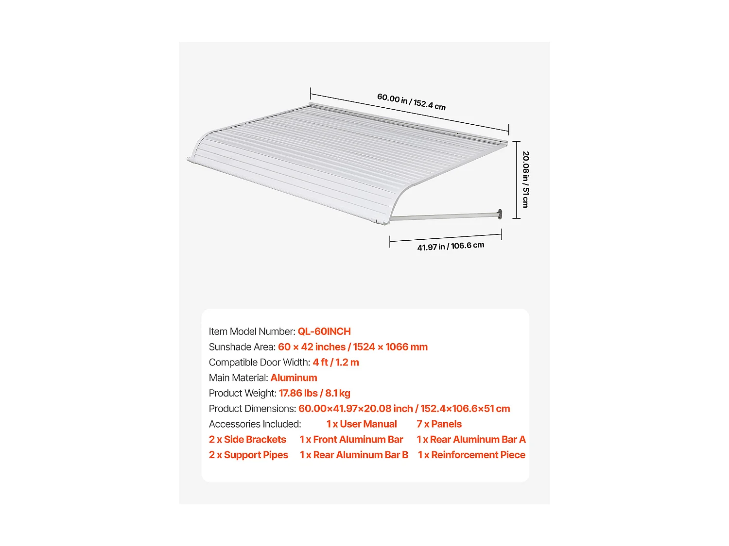 Auvent de Porte d'Entrée SucceBuy, 152,4x106,6 cm, Marquise de Porte Extérieure Aluminium Abri de Protection Contre Pluie, Neige, Soleil, pour Balcons