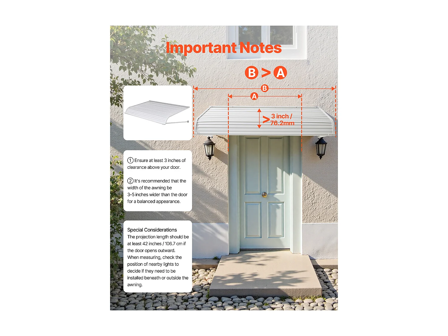 Auvent de Porte d'Entrée SucceBuy, 152,4x106,6 cm, Marquise de Porte Extérieure Aluminium Abri de Protection Contre Pluie, Neige, Soleil, pour Balcons