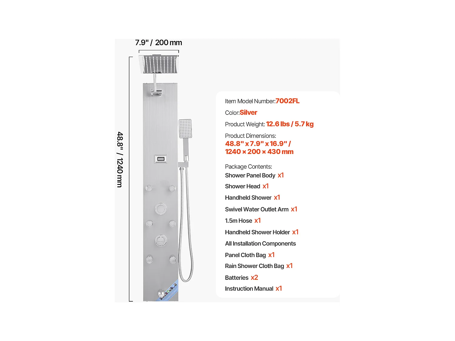 Colonne de Douche SucceBuy avec Pommeau de Douche Effet Pluie en Acier Inoxydable, Robinet 4 Fonctions, 6 Jets Corporels, Douchette à Main, 124 cm