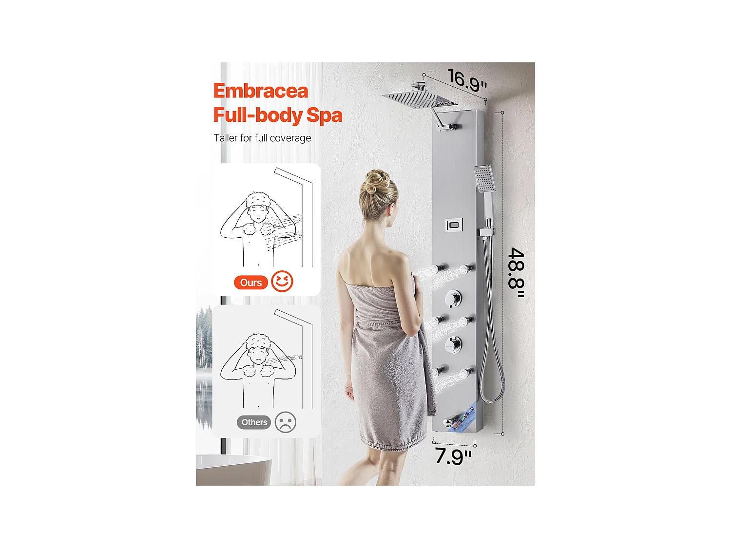 Colonne de Douche SucceBuy avec Pommeau de Douche Effet Pluie en Acier Inoxydable, Robinet 4 Fonctions, 6 Jets Corporels, Douchette à Main, 124 cm