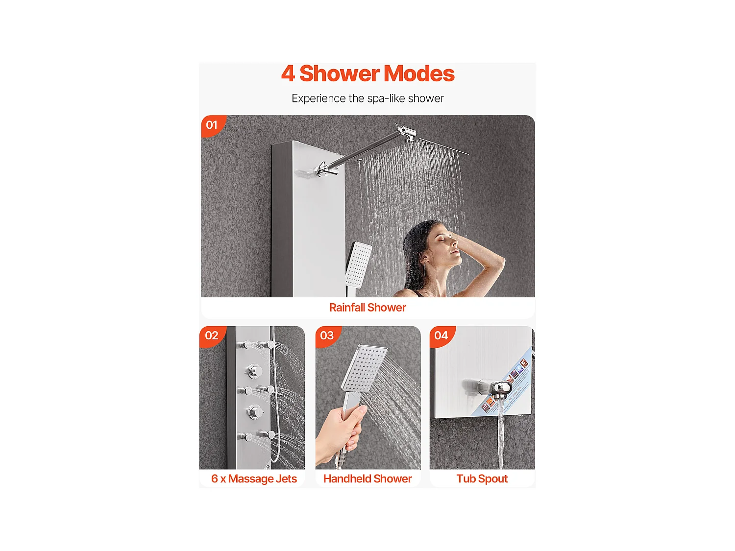 Colonne de Douche SucceBuy avec Pommeau de Douche Effet Pluie en Acier Inoxydable, Robinet 4 Fonctions, 6 Jets Corporels, Douchette à Main, 124 cm