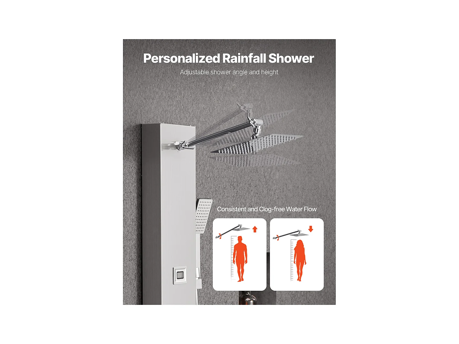 Colonne de Douche SucceBuy avec Pommeau de Douche Effet Pluie en Acier Inoxydable, Robinet 4 Fonctions, 6 Jets Corporels, Douchette à Main, 124 cm