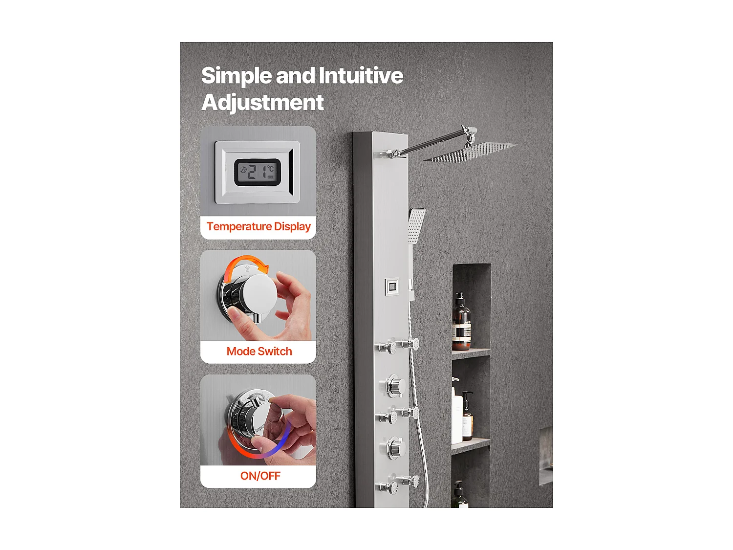 Colonne de Douche SucceBuy avec Pommeau de Douche Effet Pluie en Acier Inoxydable, Robinet 4 Fonctions, 6 Jets Corporels, Douchette à Main, 124 cm