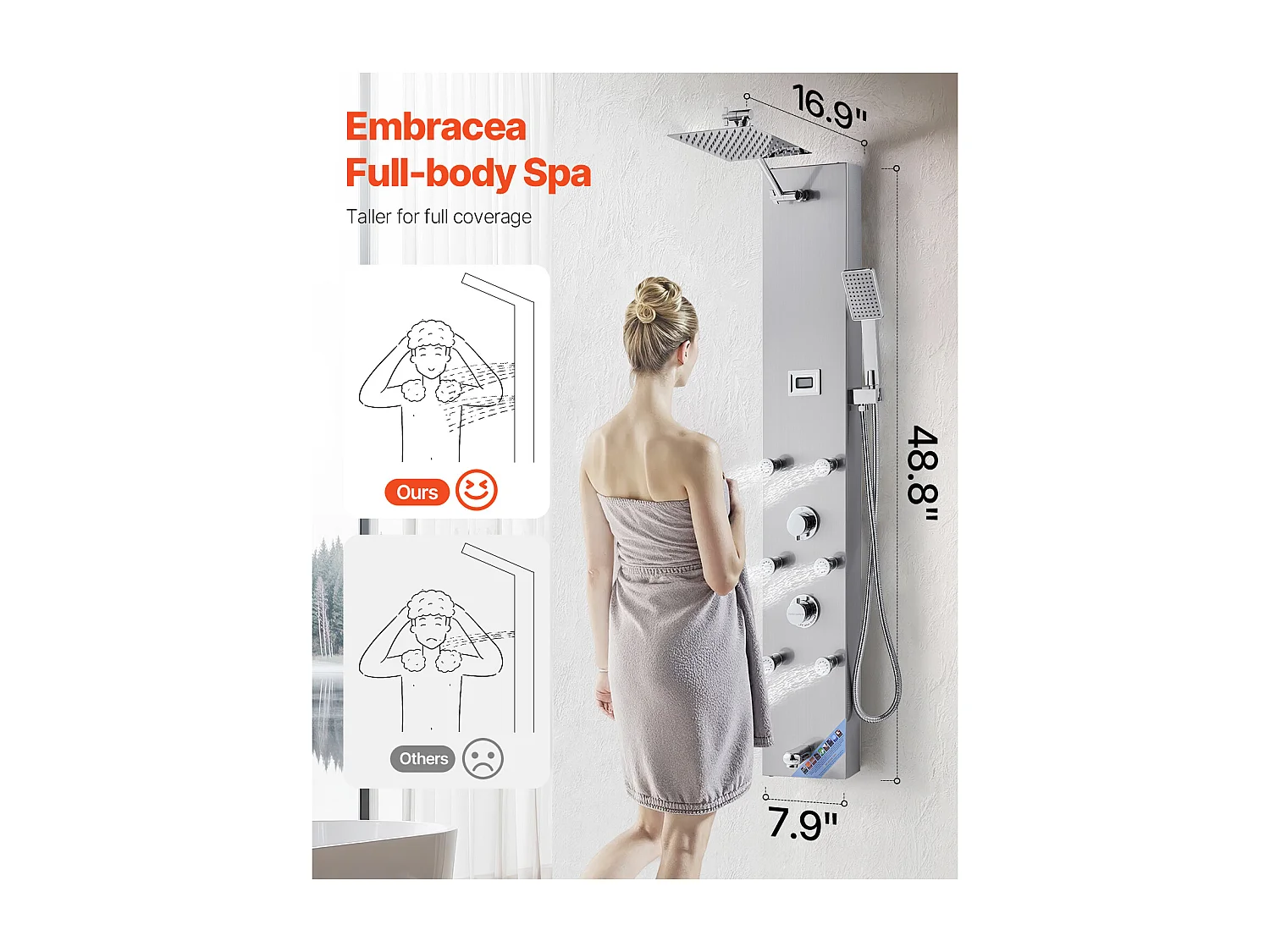 Colonne de Douche SucceBuy avec Pommeau de Douche Effet Pluie en Acier Inoxydable, Robinet 4 Fonctions, 6 Jets Corporels, Douchette à Main, 124 cm