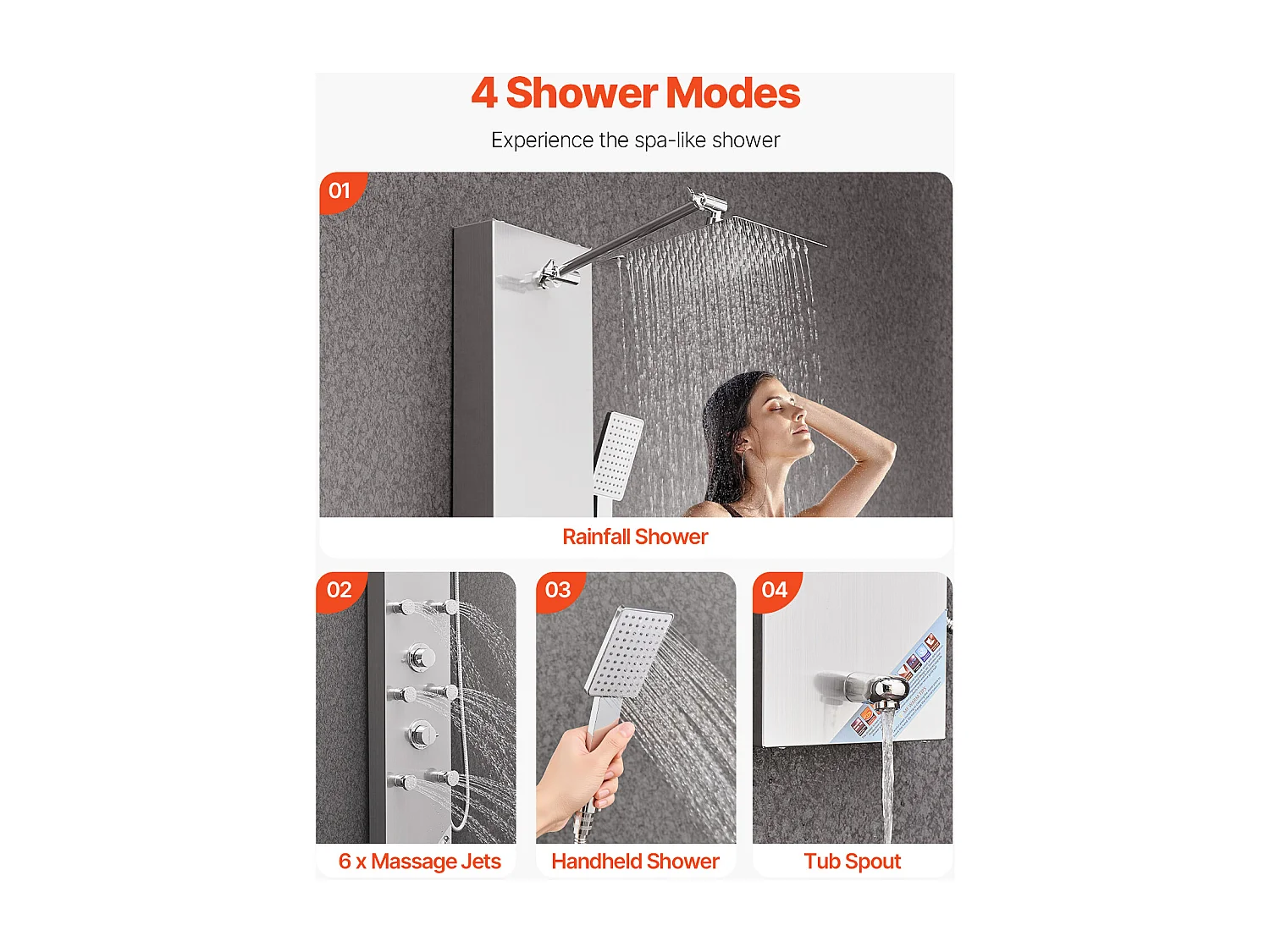 Colonne de Douche SucceBuy avec Pommeau de Douche Effet Pluie en Acier Inoxydable, Robinet 4 Fonctions, 6 Jets Corporels, Douchette à Main, 124 cm