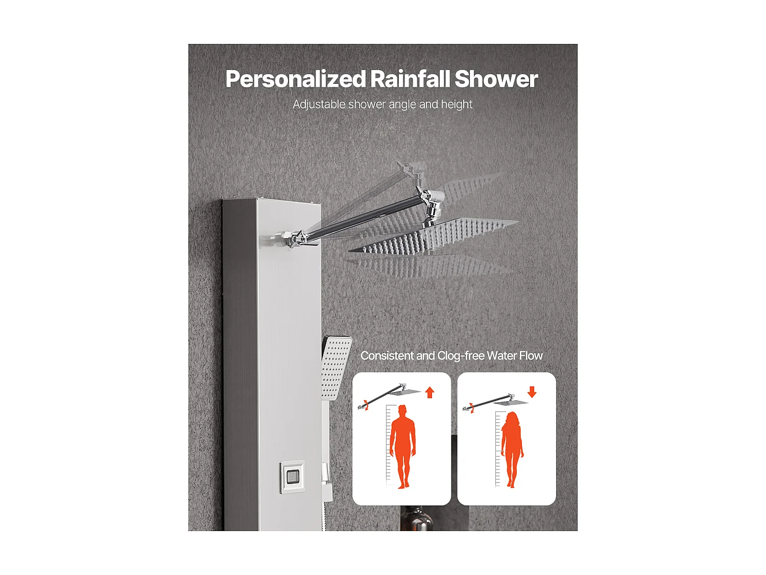 Colonne de Douche SucceBuy avec Pommeau de Douche Effet Pluie en Acier Inoxydable, Robinet 4 Fonctions, 6 Jets Corporels, Douchette à Main, 124 cm