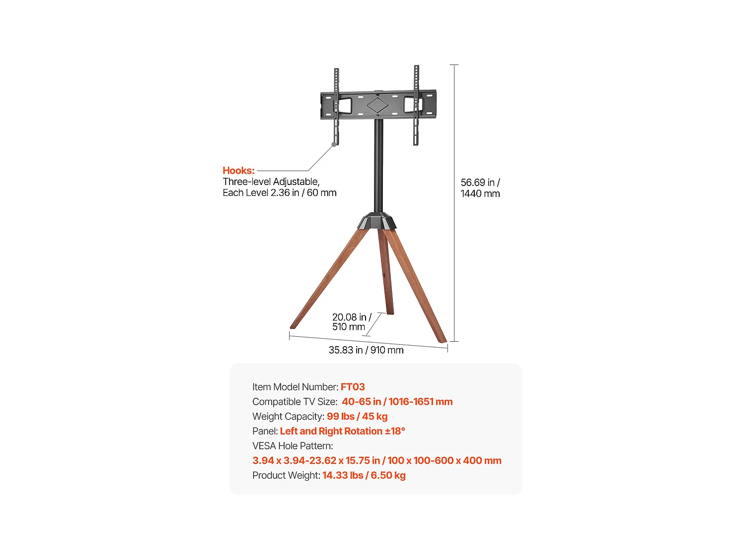 Support TV Trépied SucceBuy avec Pieds en Chêne, Pour Chambre, Studio, Salon, Compatible avec Écrans Plats/Incurvés 1016-1651 mm, Capacité de Charge 45 kg