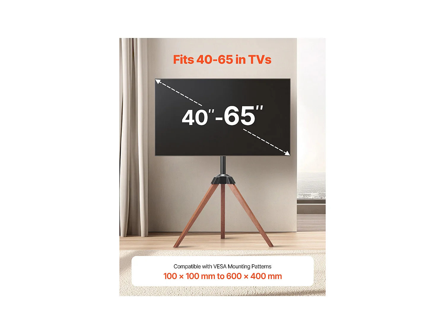 Support TV Trépied SucceBuy avec Pieds en Chêne, Pour Chambre, Studio, Salon, Compatible avec Écrans Plats/Incurvés 1016-1651 mm, Capacité de Charge 45 kg