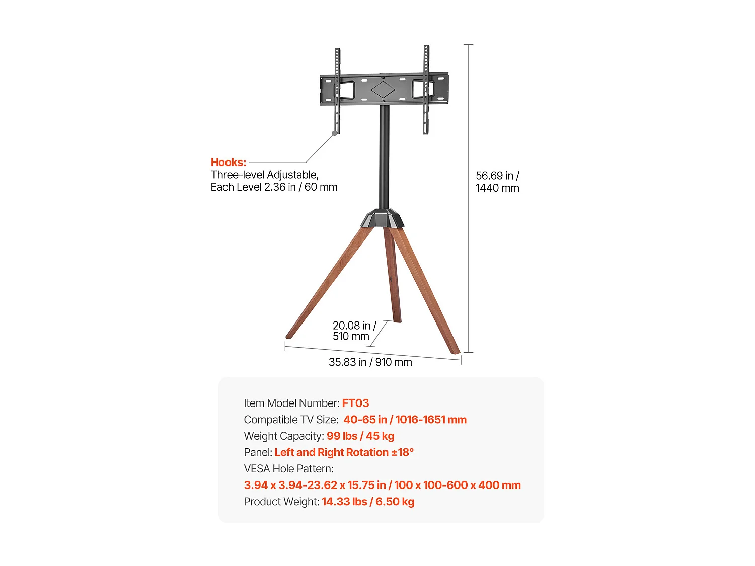 TV-Stativ SucceBuy mit Eichenfüßen, Für Schlafzimmer, Studio, Wohnzimmer, Compatible mit Flachen/Gebogenen Bildschirmen 1016-1651 mm, Tragkraft 45 kg