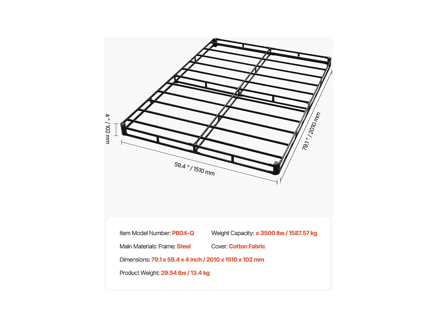 Sommier Tapissier pour Grand Lit SucceBuy Cadre de Lit Queen Size avec Tissu Lavable, Structure en Métal Robuste, Assemblage Facile, 2010 x 1510 x 102 mm