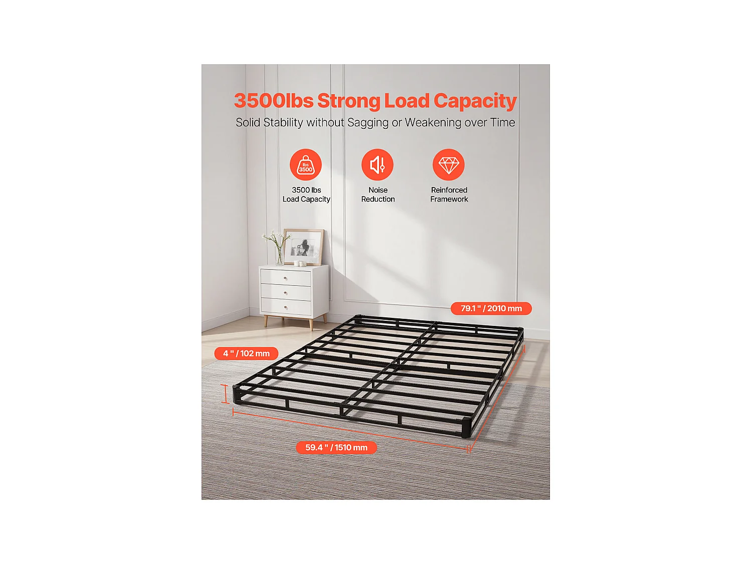 Sommier Tapissier pour Grand Lit SucceBuy Cadre de Lit Queen Size avec Tissu Lavable, Structure en Métal Robuste, Assemblage Facile, 2010 x 1510 x 102 mm