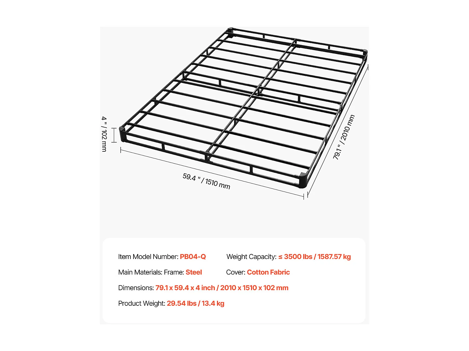 Sommier Tapissier pour Grand Lit SucceBuy Cadre de Lit Queen Size avec Tissu Lavable, Structure en Métal Robuste, Assemblage Facile, 2010 x 1510 x 102 mm