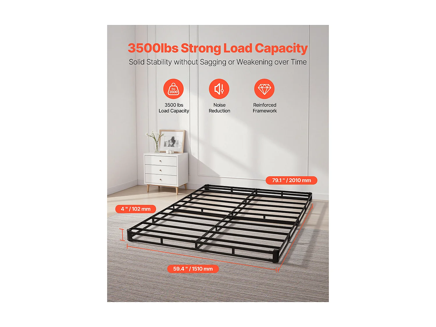 Sommier Tapissier pour Grand Lit SucceBuy Cadre de Lit Queen Size avec Tissu Lavable, Structure en Métal Robuste, Assemblage Facile, 2010 x 1510 x 102 mm