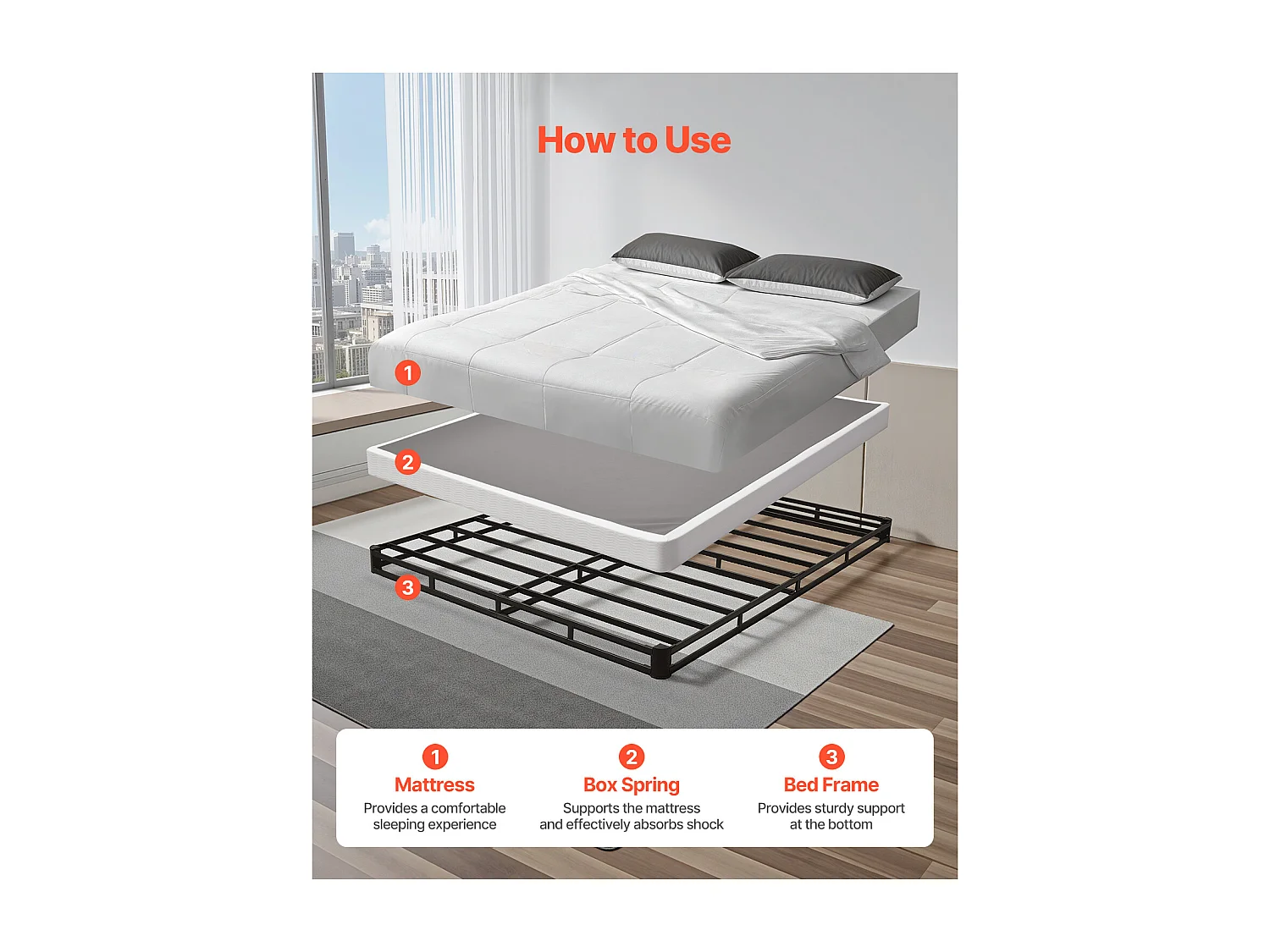 Sommier Tapissier pour Grand Lit SucceBuy Cadre de Lit Queen Size avec Tissu Lavable, Structure en Métal Robuste, Assemblage Facile, 2010 x 1510 x 102 mm