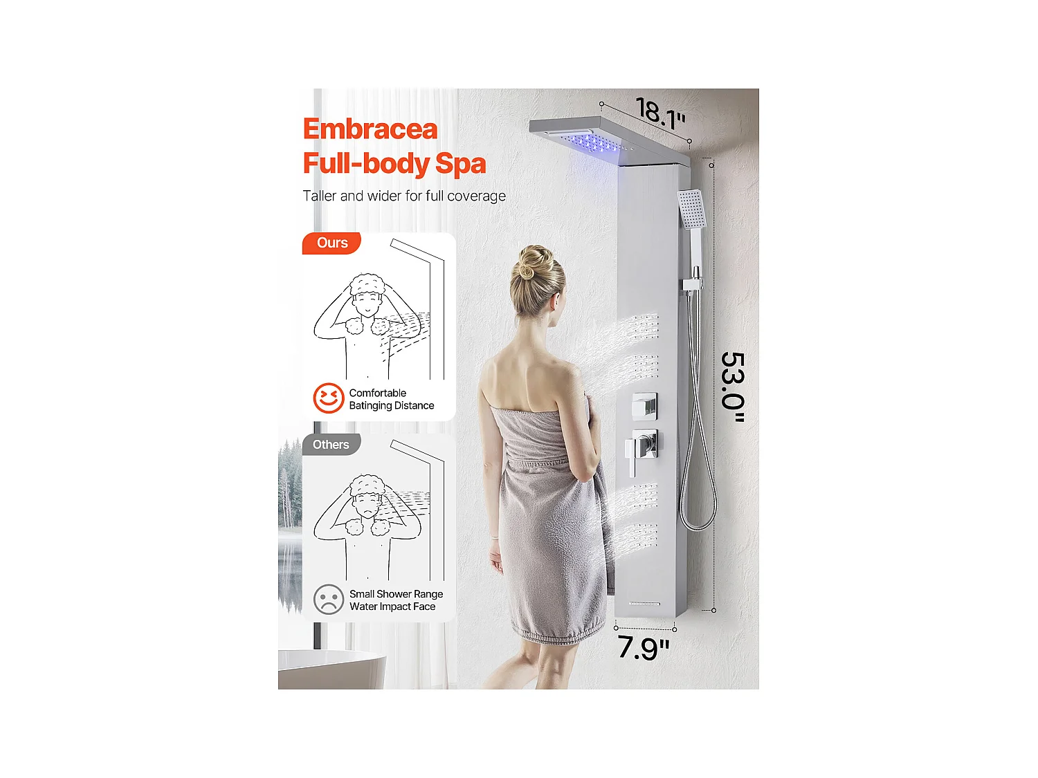 Colonne de Douche avec Pommeau de Douche Effet Pluie SucceBuy en Acier Inoxydable, Robinet 5 Fonctions, 4 Jets Corporels et Douchette à Main, 1345 mm