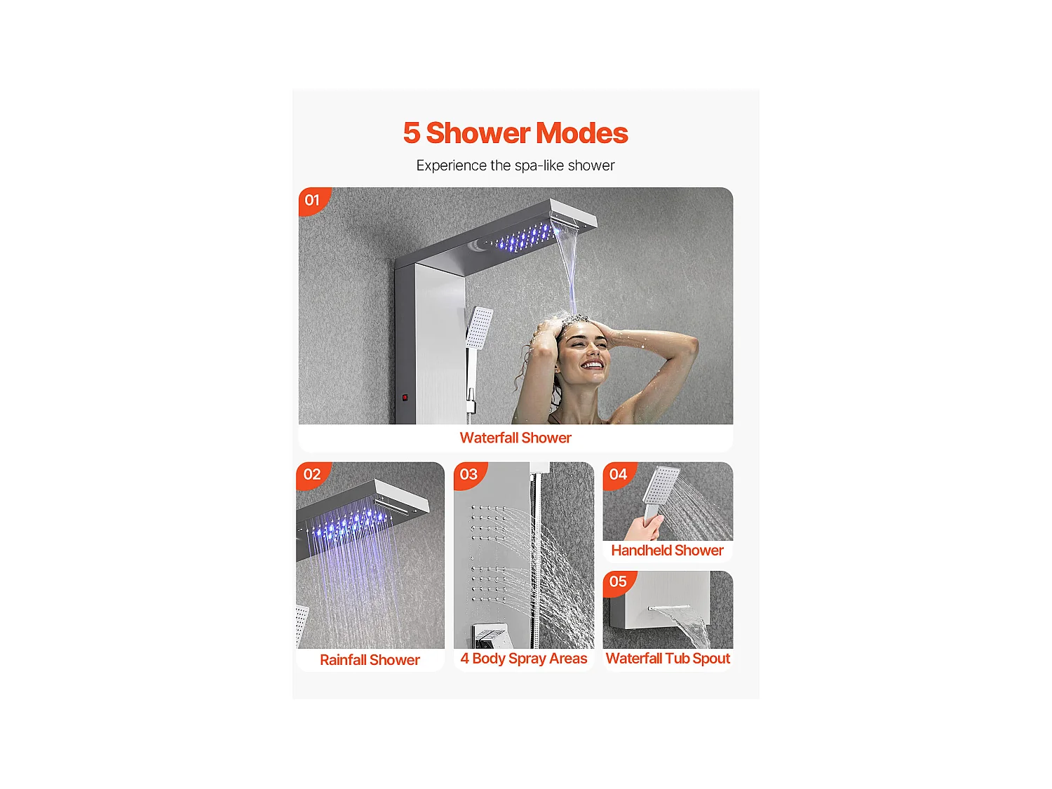 Colonne de Douche avec Pommeau de Douche Effet Pluie SucceBuy en Acier Inoxydable, Robinet 5 Fonctions, 4 Jets Corporels et Douchette à Main, 1345 mm