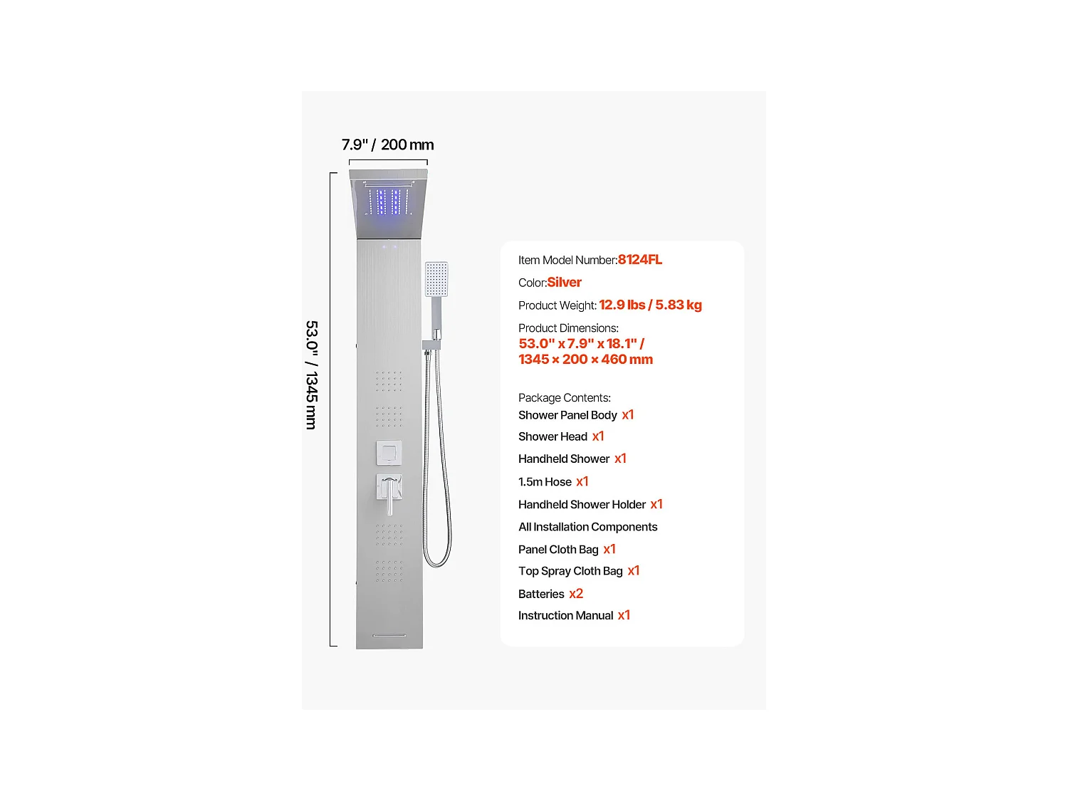 Kolumna Prysznicowa z Głowicą Prysznicową z Efektem Deszczu SucceBuy ze Stali Nierdzewnej, 4 Strumieniami do Ciała i Ręczną Słuchawką Prysznicową, 1345 mm