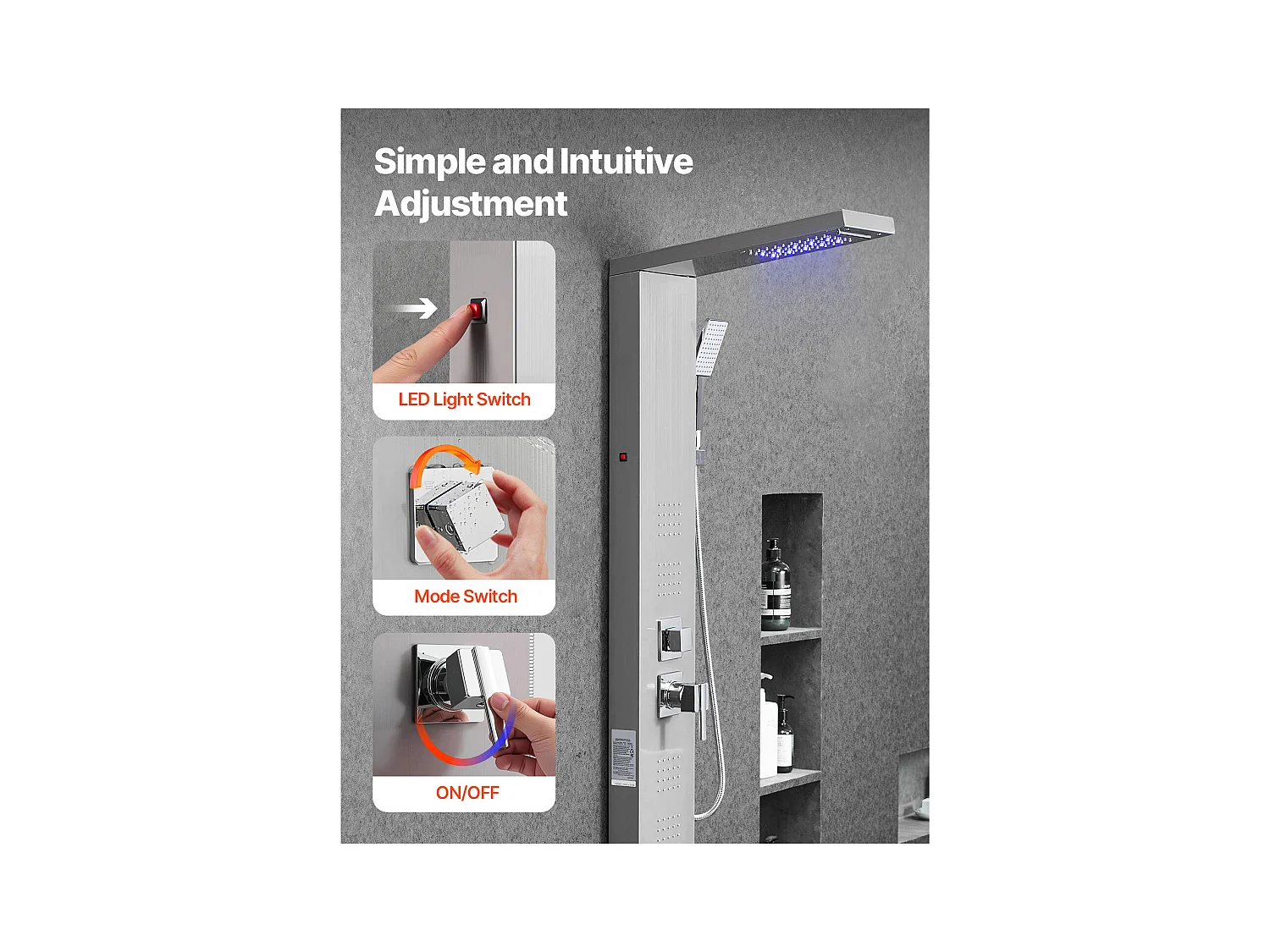 Kolumna Prysznicowa z Głowicą Prysznicową z Efektem Deszczu SucceBuy ze Stali Nierdzewnej, 4 Strumieniami do Ciała i Ręczną Słuchawką Prysznicową, 1345 mm