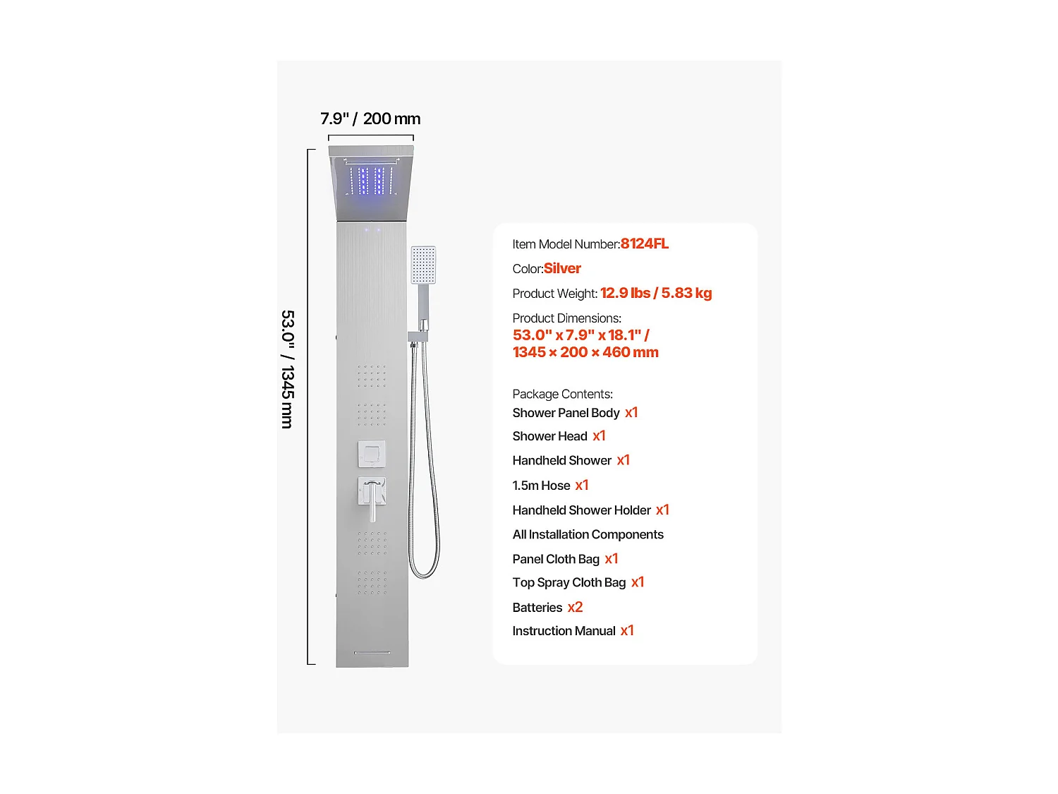 Duschsäule mit Regenduschkopf SucceBuy LED-Wandbrause-System aus Gebürstetem Edelstahl, 5-Funktionen-Armatur, 4 Körperdüsen und Handbrause, 1345 mm