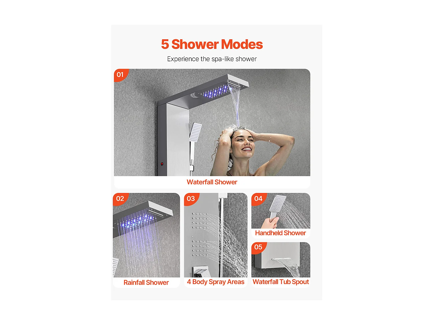 Duschsäule mit Regenduschkopf SucceBuy LED-Wandbrause-System aus Gebürstetem Edelstahl, 5-Funktionen-Armatur, 4 Körperdüsen und Handbrause, 1345 mm