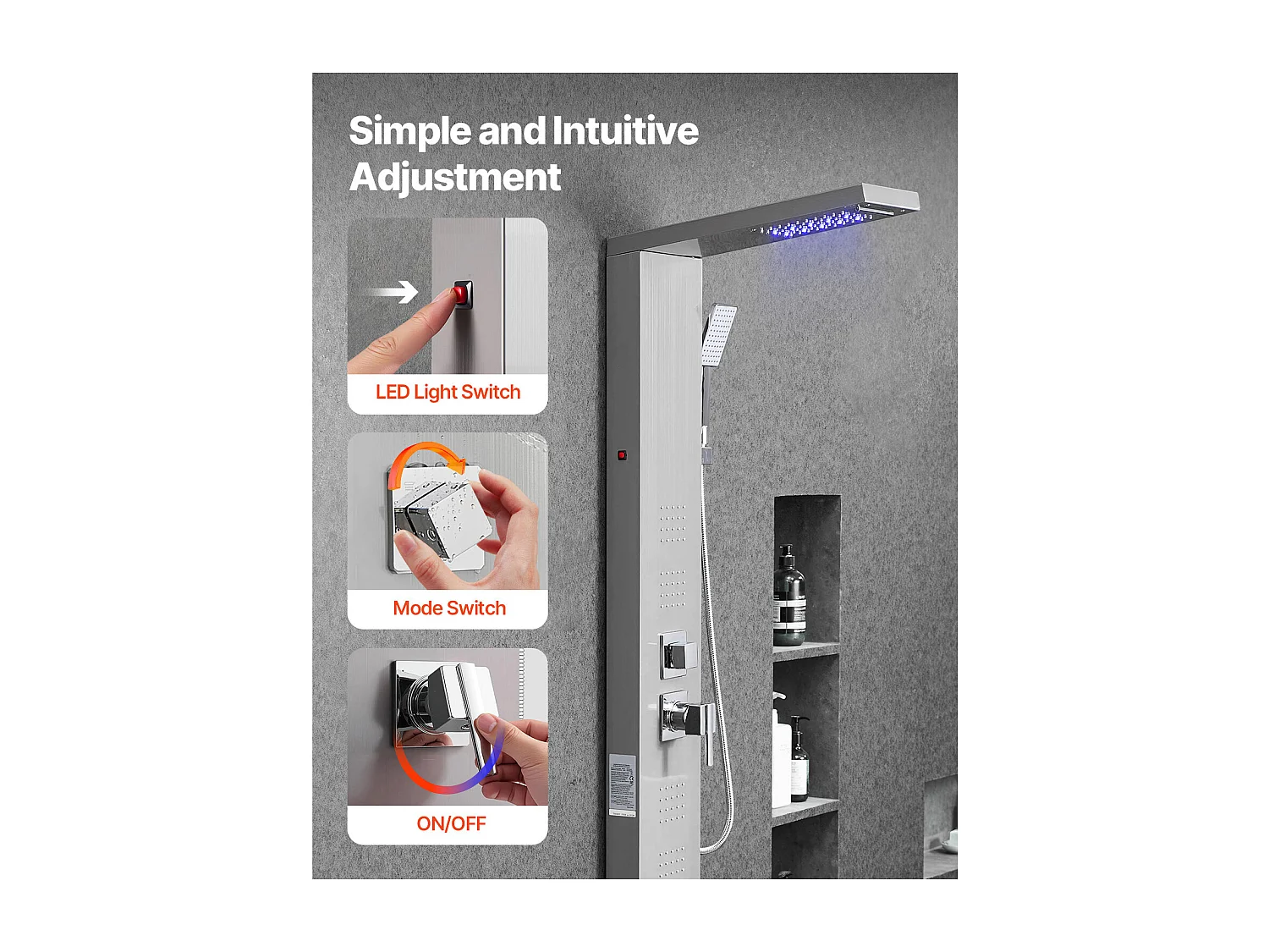 Duschsäule mit Regenduschkopf SucceBuy LED-Wandbrause-System aus Gebürstetem Edelstahl, 5-Funktionen-Armatur, 4 Körperdüsen und Handbrause, 1345 mm