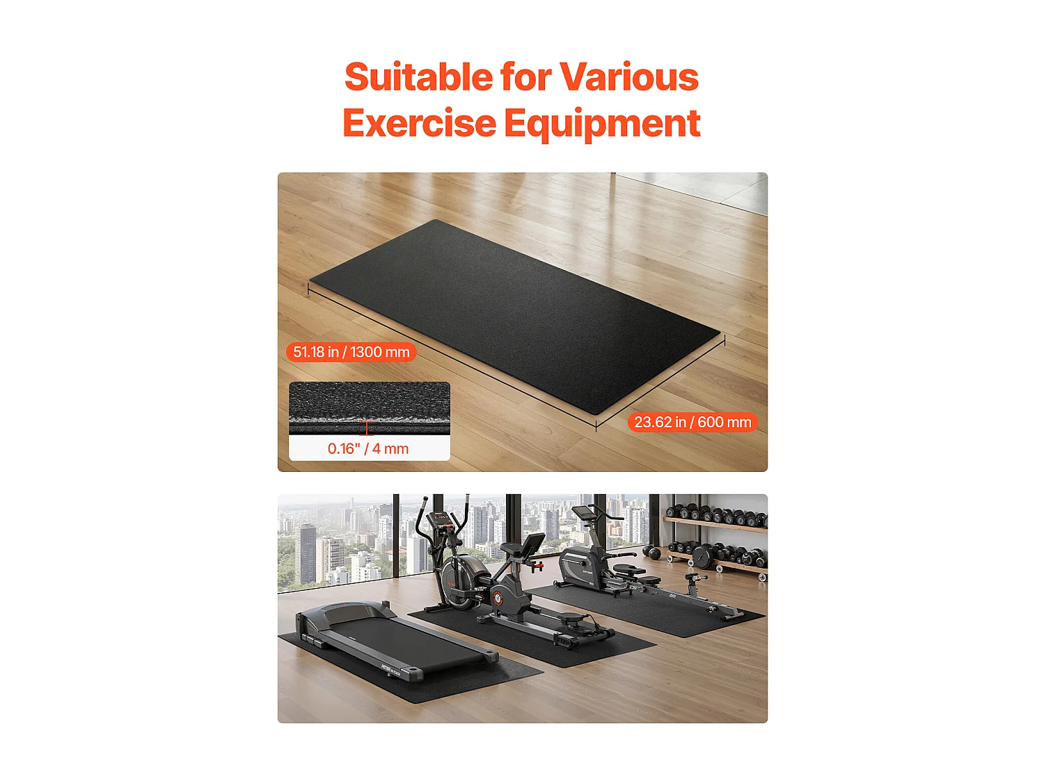 Tappeto per Attrezzatura di Esercizio SucceBuy, 60 x 130 x 0,4 cm, Tappeto di Protezione per Pavimento per Biciclette Ellittiche e Tappeti di Camminata Compatti