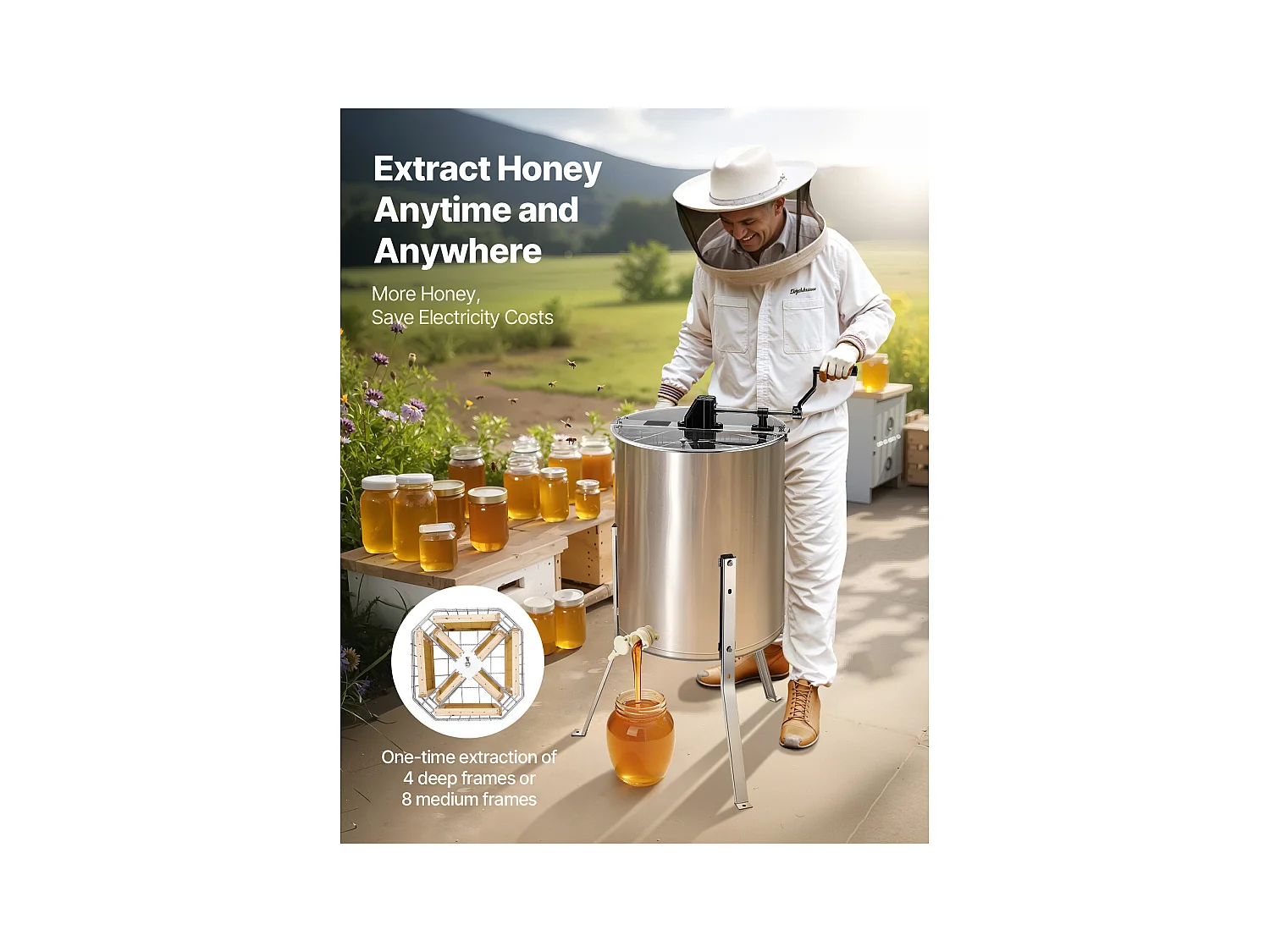 Extracteur de Miel Manuel à 4/8 Cadres SucceBuy Centrifugeuse Séparateur de Miel en Acier Inoxydable avec Couvercle Transparent, Support Réglable en Hauteur
