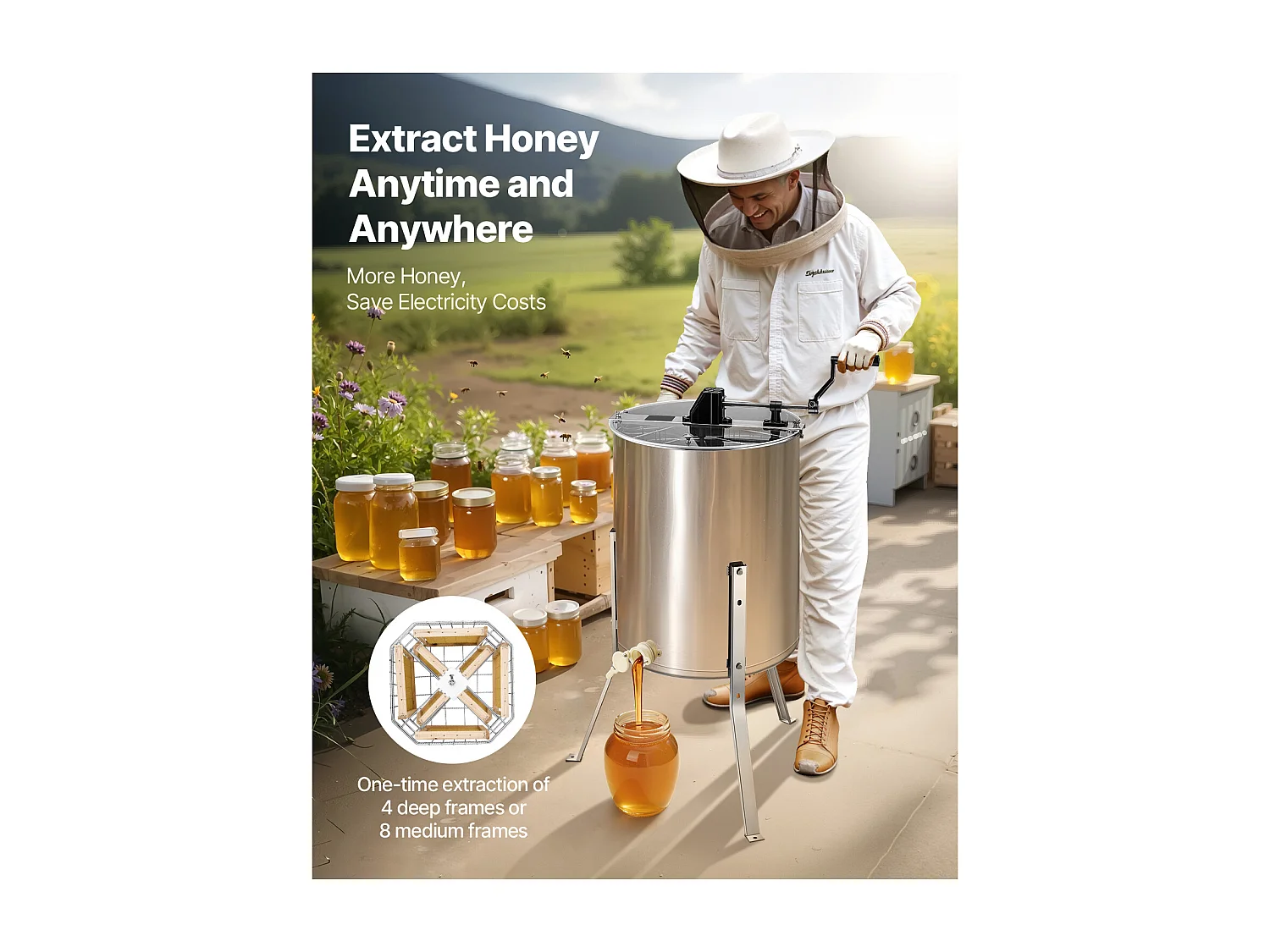 Extracteur de Miel Manuel à 4/8 Cadres SucceBuy Centrifugeuse Séparateur de Miel en Acier Inoxydable avec Couvercle Transparent, Support Réglable en Hauteur