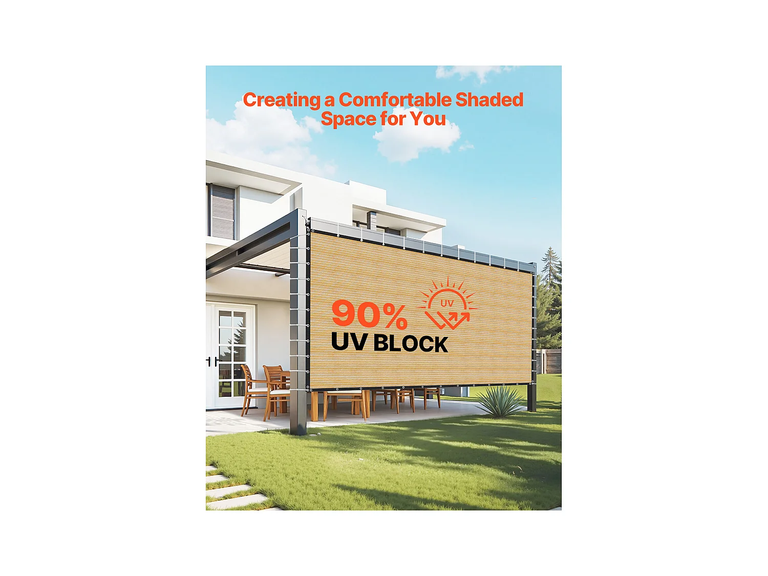 Siatka Cieniująca 90 % SucceBuy Siatka Cieniująca z Oczkami ze Stali Nierdzewnej, Ochrona Przeciwsłoneczna i Osłona Prywatności z HDPE 160 g/m², 3660 x 6100 mm