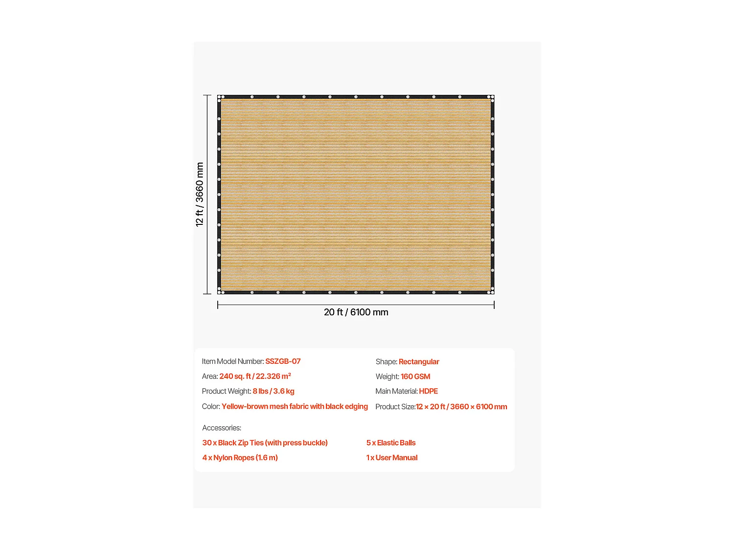 Siatka Cieniująca 90 % SucceBuy Siatka Cieniująca z Oczkami ze Stali Nierdzewnej, Ochrona Przeciwsłoneczna i Osłona Prywatności z HDPE 160 g/m², 3660 x 6100 mm