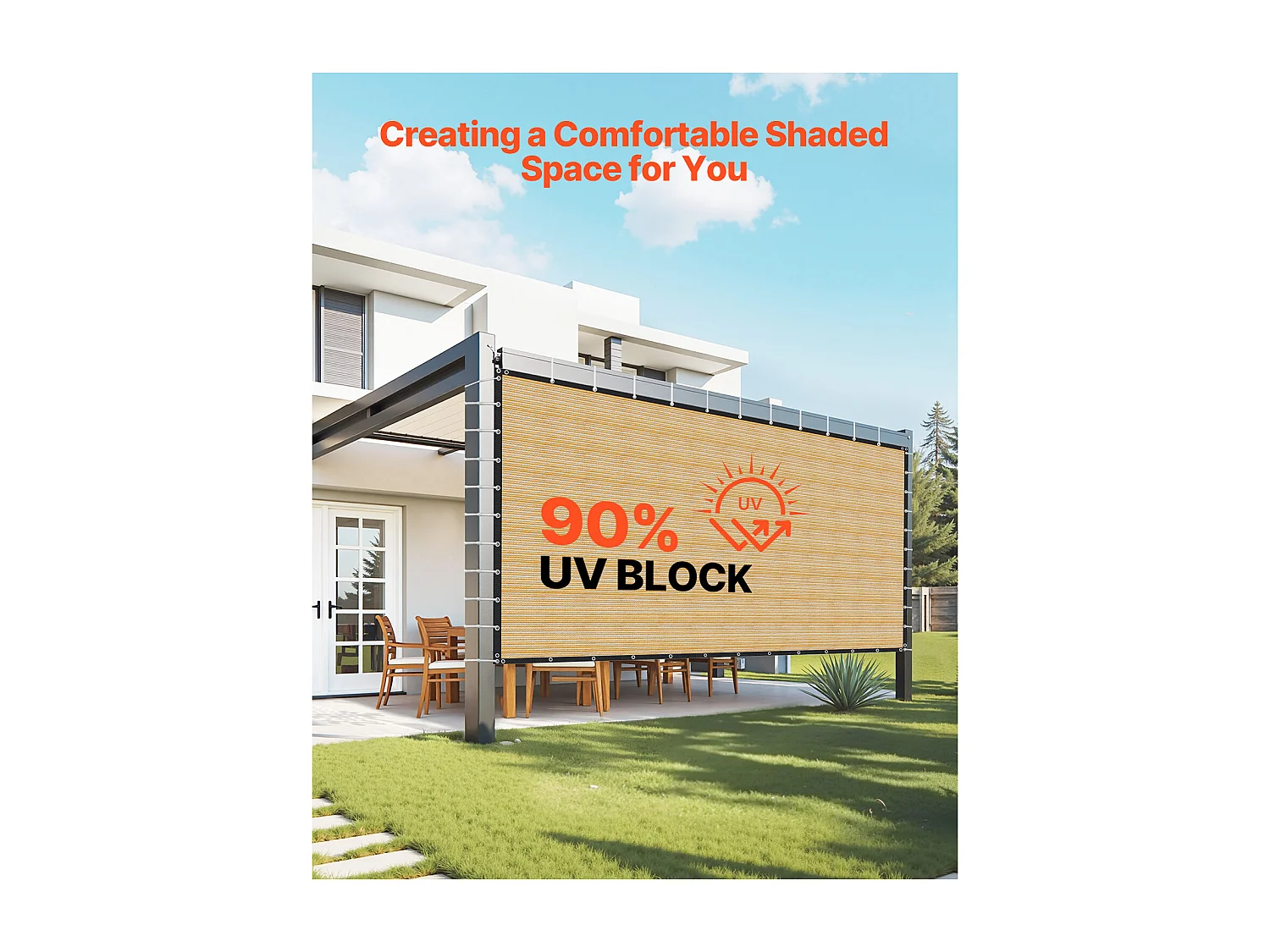 Siatka Cieniująca 90 % SucceBuy Siatka Cieniująca z Oczkami ze Stali Nierdzewnej, Ochrona Przeciwsłoneczna i Osłona Prywatności z HDPE 160 g/m², 3660 x 6100 mm