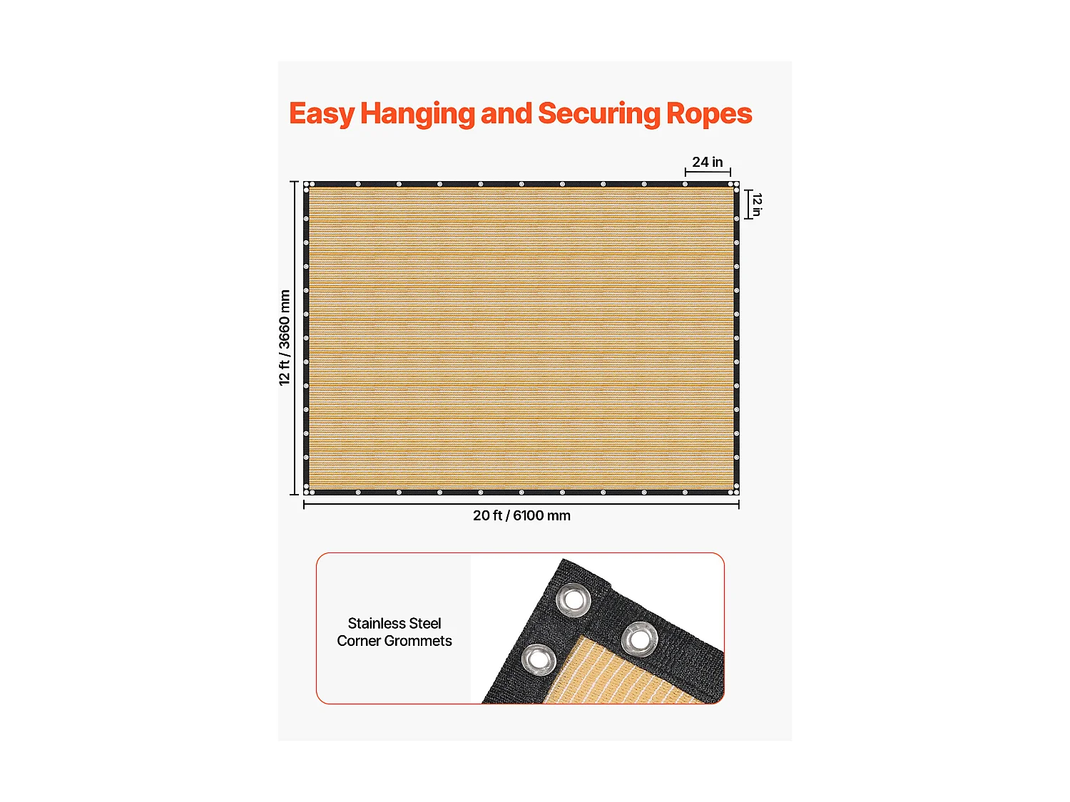 Siatka Cieniująca 90 % SucceBuy Siatka Cieniująca z Oczkami ze Stali Nierdzewnej, Ochrona Przeciwsłoneczna i Osłona Prywatności z HDPE 160 g/m², 3660 x 6100 mm