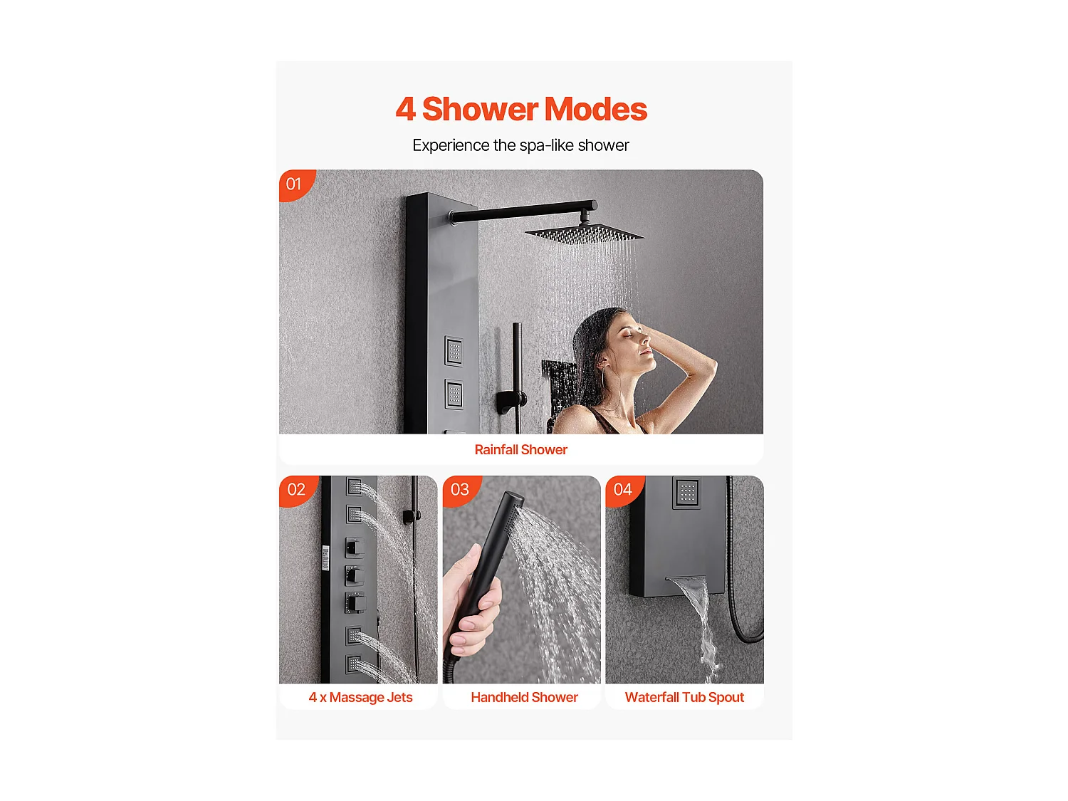 Duschsäule mit Regenduschkopf SucceBuy Wand-Duschpaneel aus Gebürstetem Edelstahl, 4-Funktionen-Armatur, 4 Körperdüsen, Handbrause und Wanneneinlauf