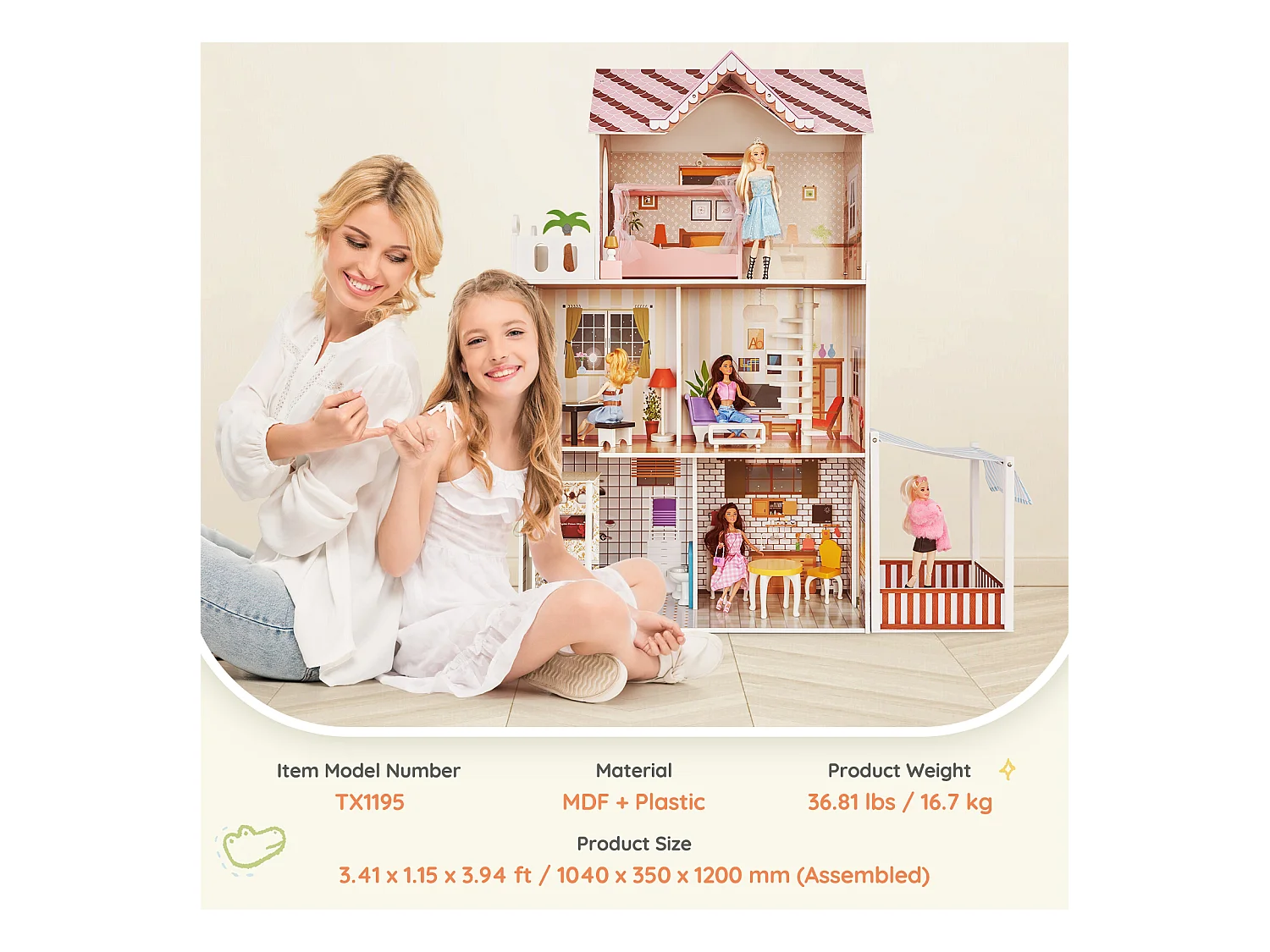 Maison de Poupée en Bois SucceBuy, Maison de Jeu Moderne 7 Pièces pour Enfants, Maison de Rêve à Faire Soi-Même, 7 Aires de Jeu, 15 Accessoires de Meubles
